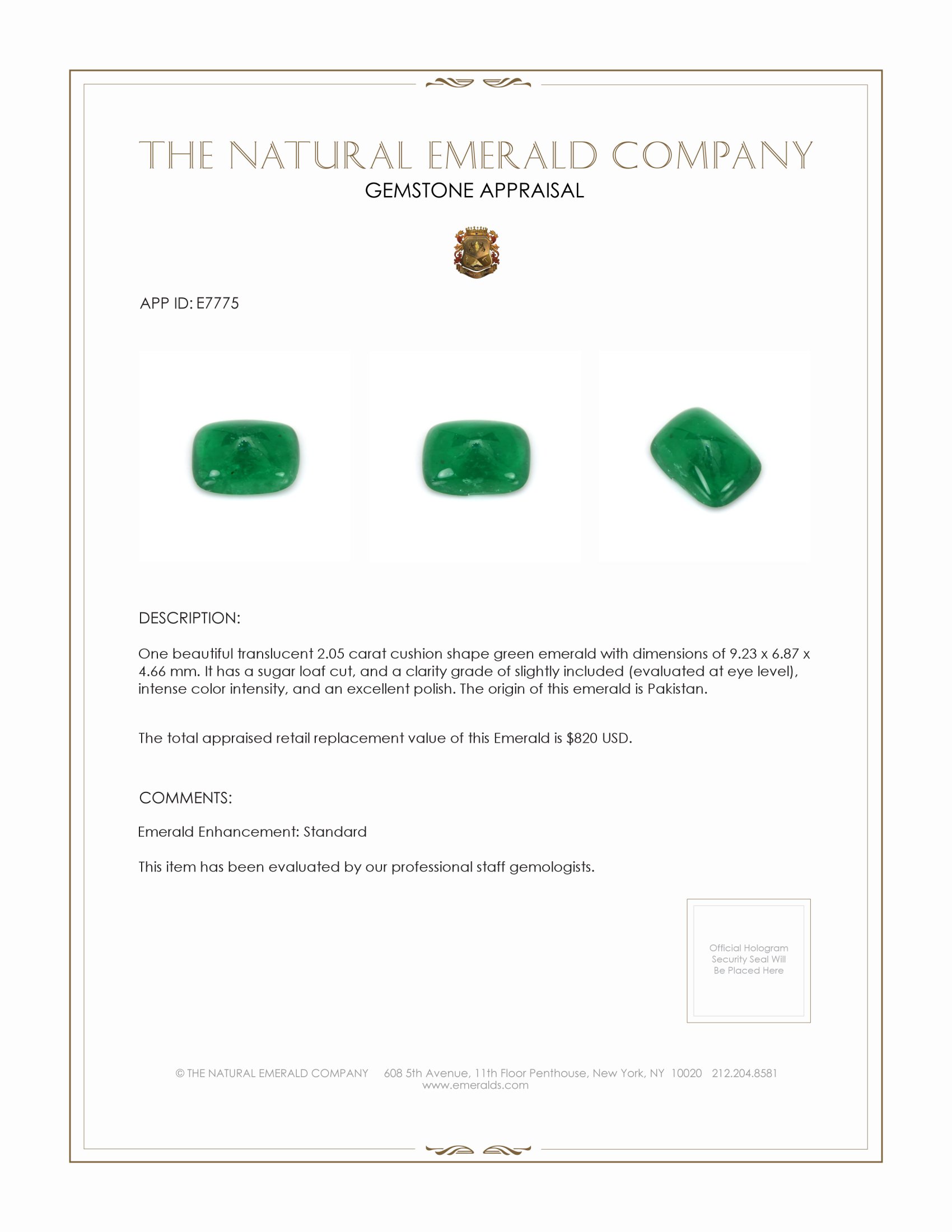 2.05 Ct. Cabochon Emerald from Pakistan