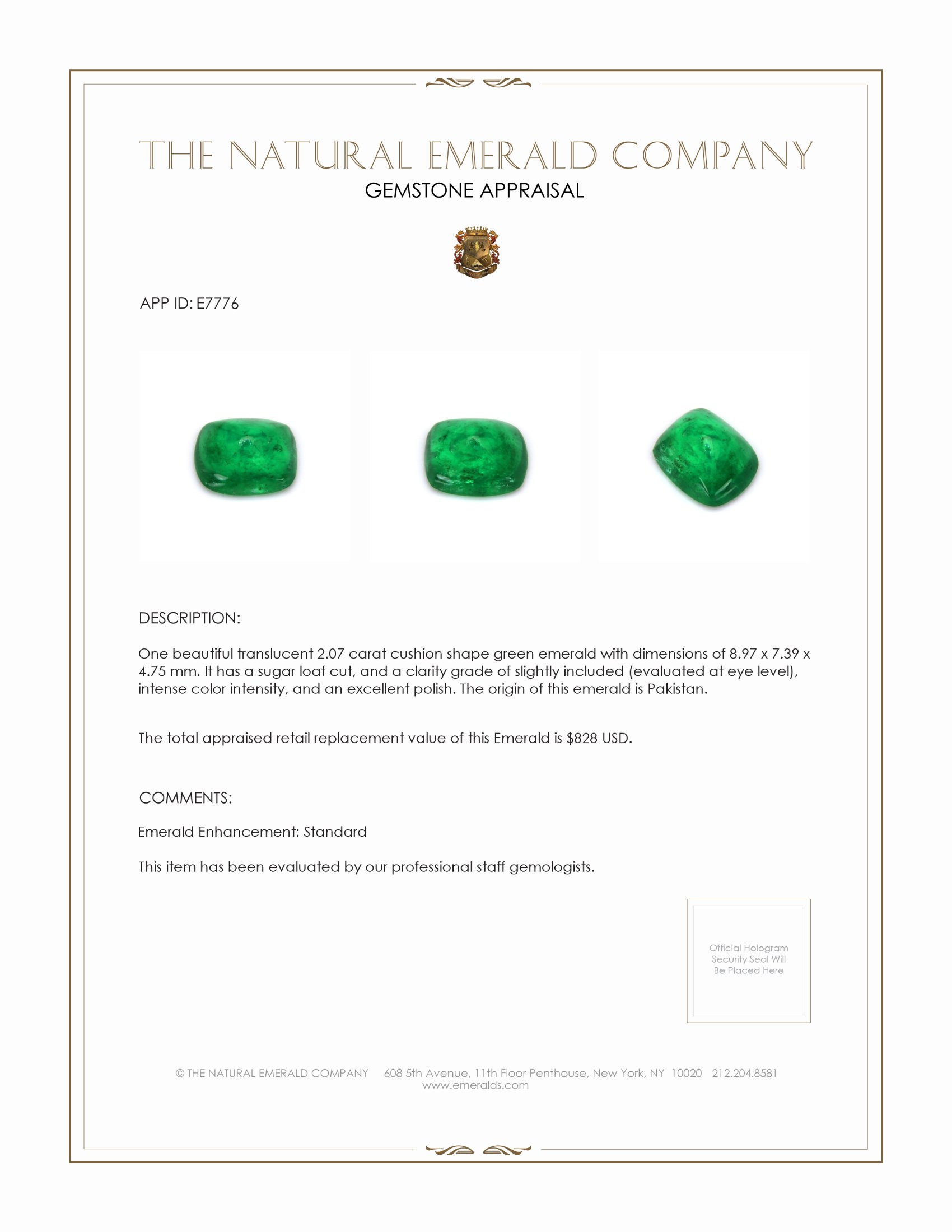 2.07 Ct. Cabochon Emerald from Pakistan