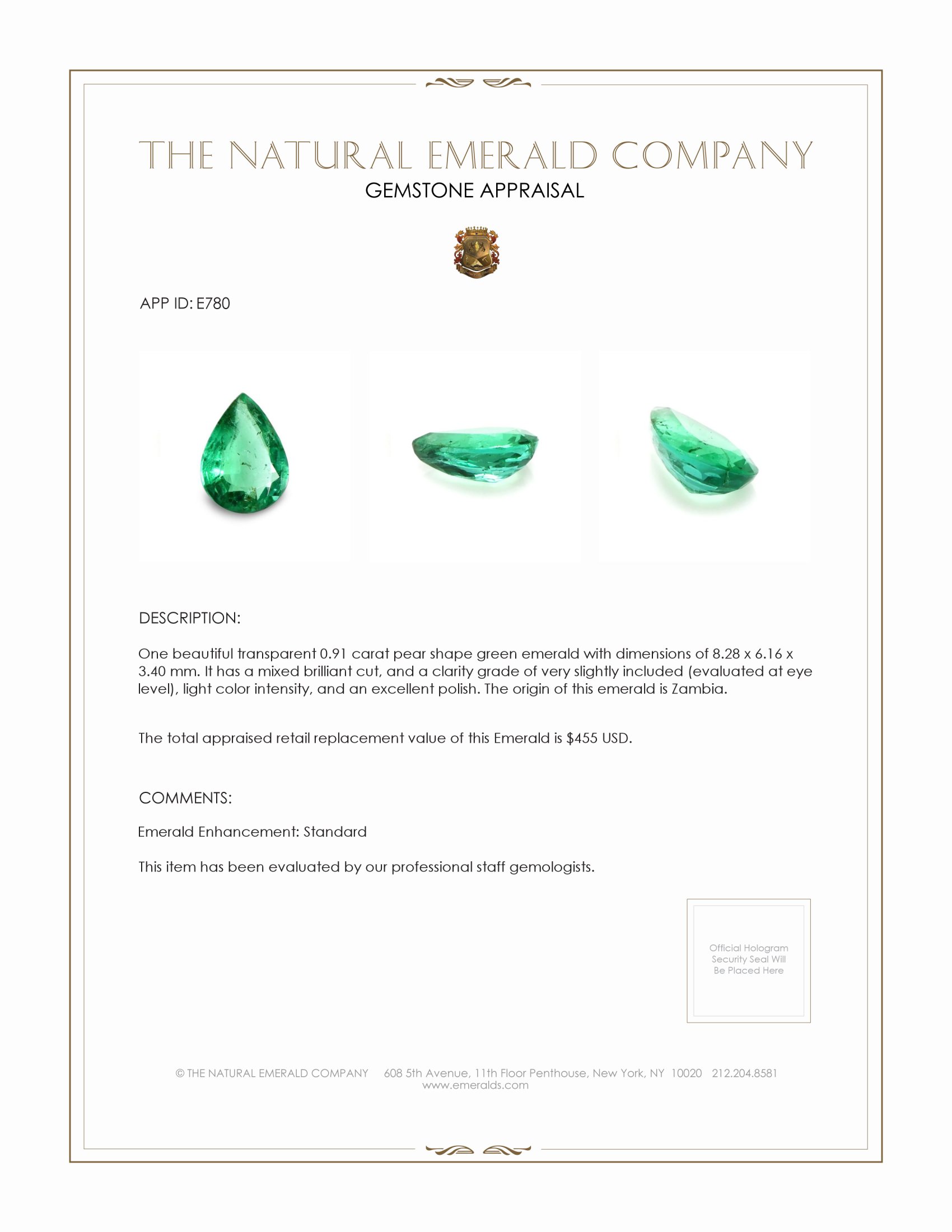 0.91 Ct. Emerald from Zambia