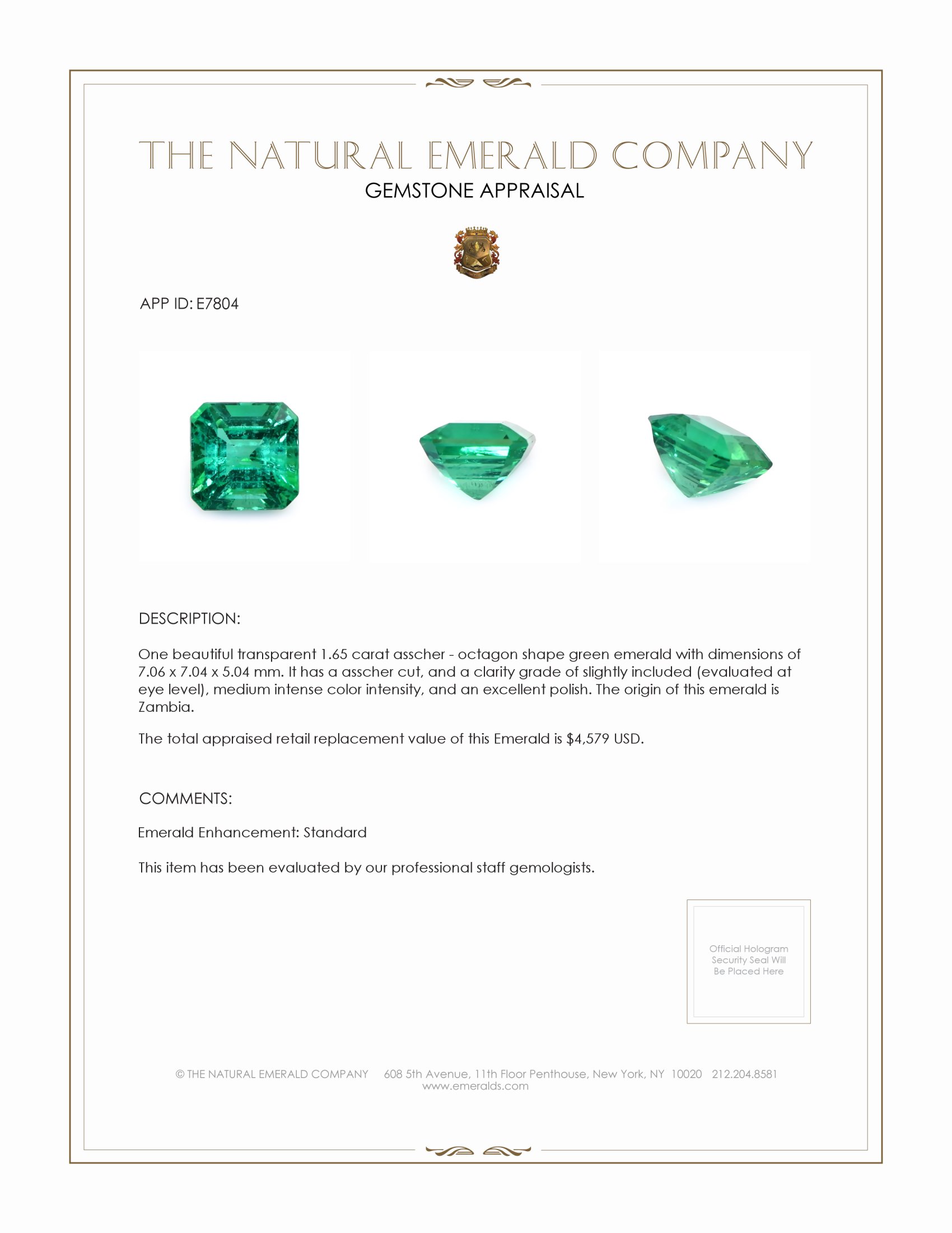 1.65 Ct. Emerald from Zambia