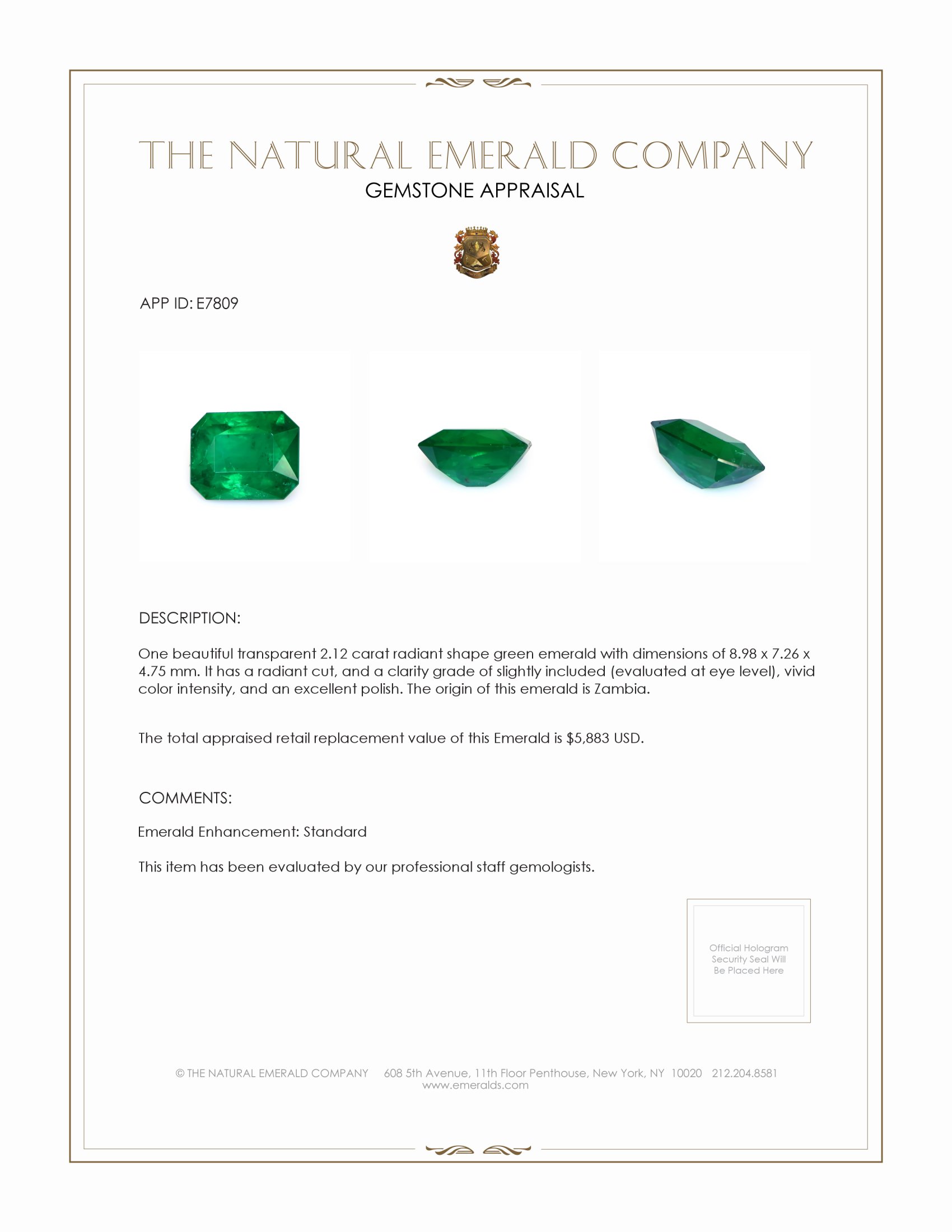 2.12 Ct. Emerald from Zambia