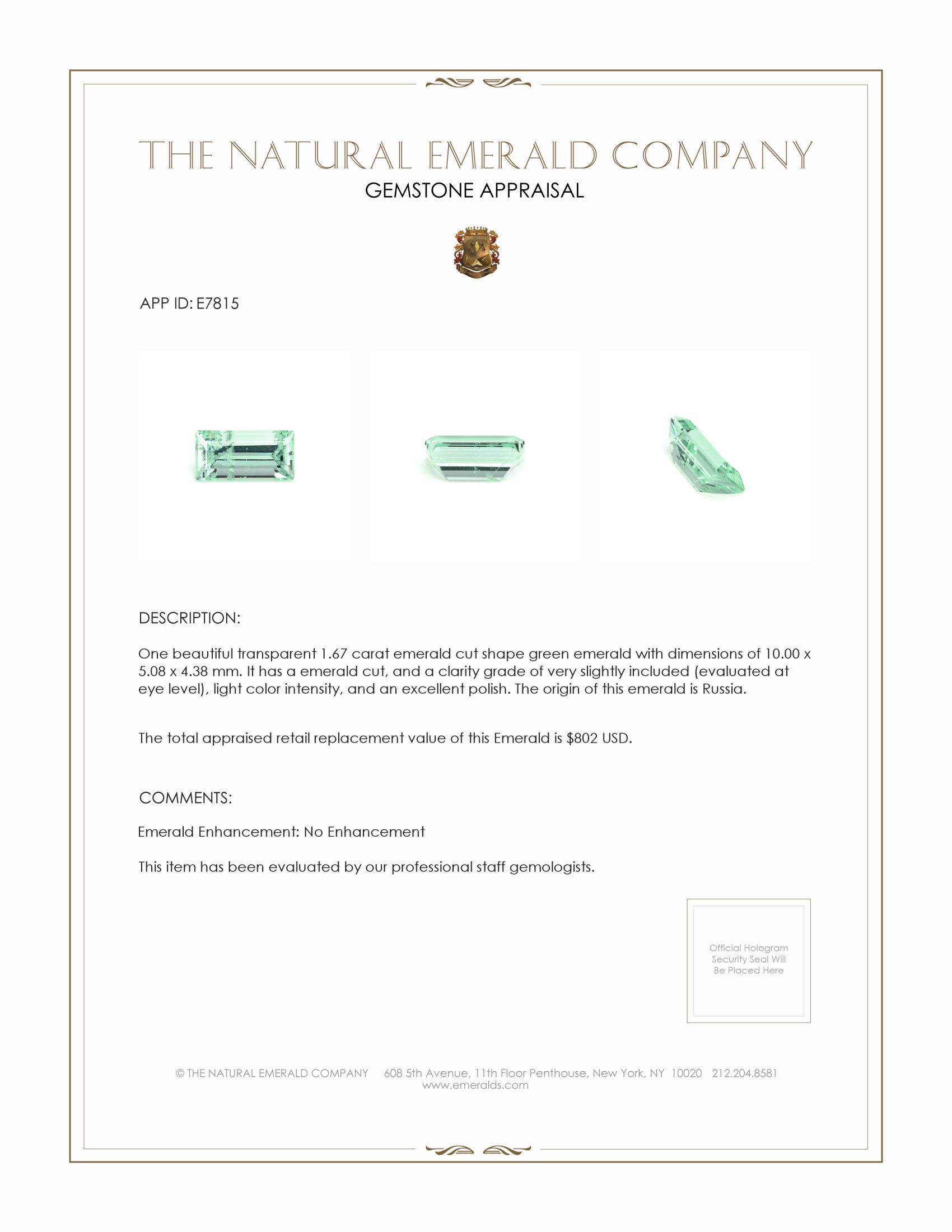 1.67 Ct. Emerald from Russia