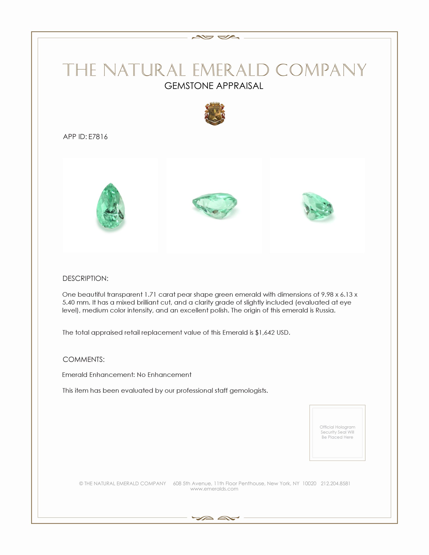 1.71 Ct. Emerald from Russia