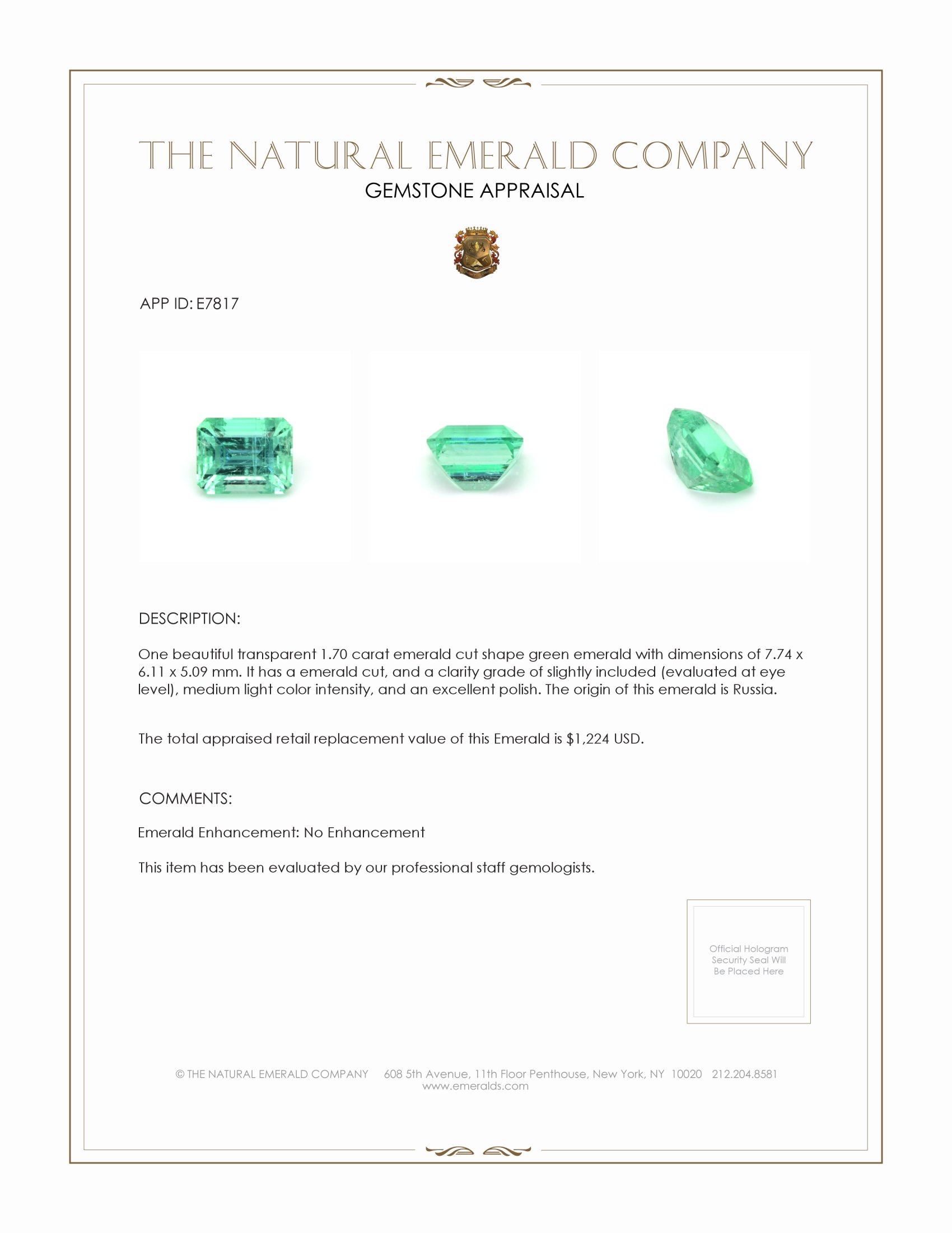 1.70 Ct. Emerald from Russia