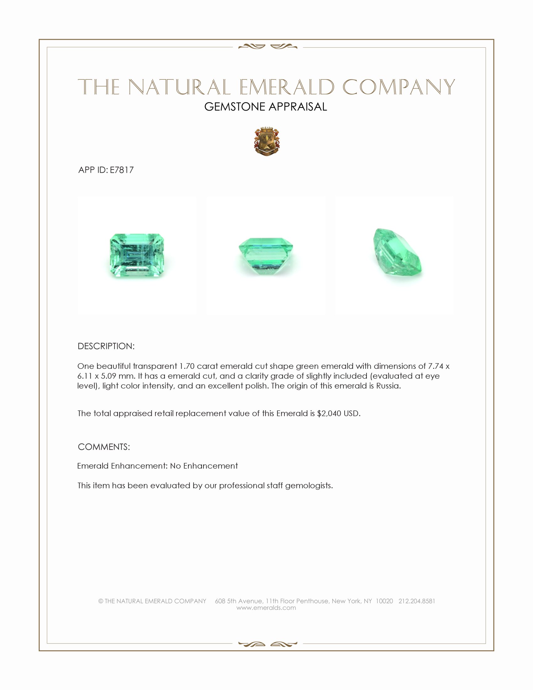 1.70 Ct. Emerald from Russia