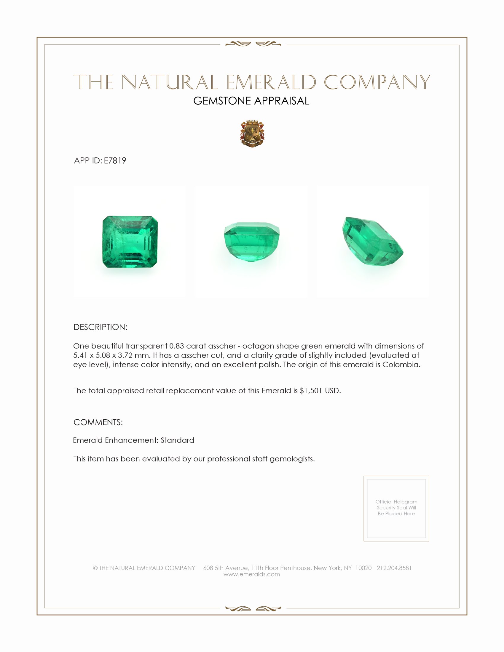 0.83 Ct. Emerald from Colombia