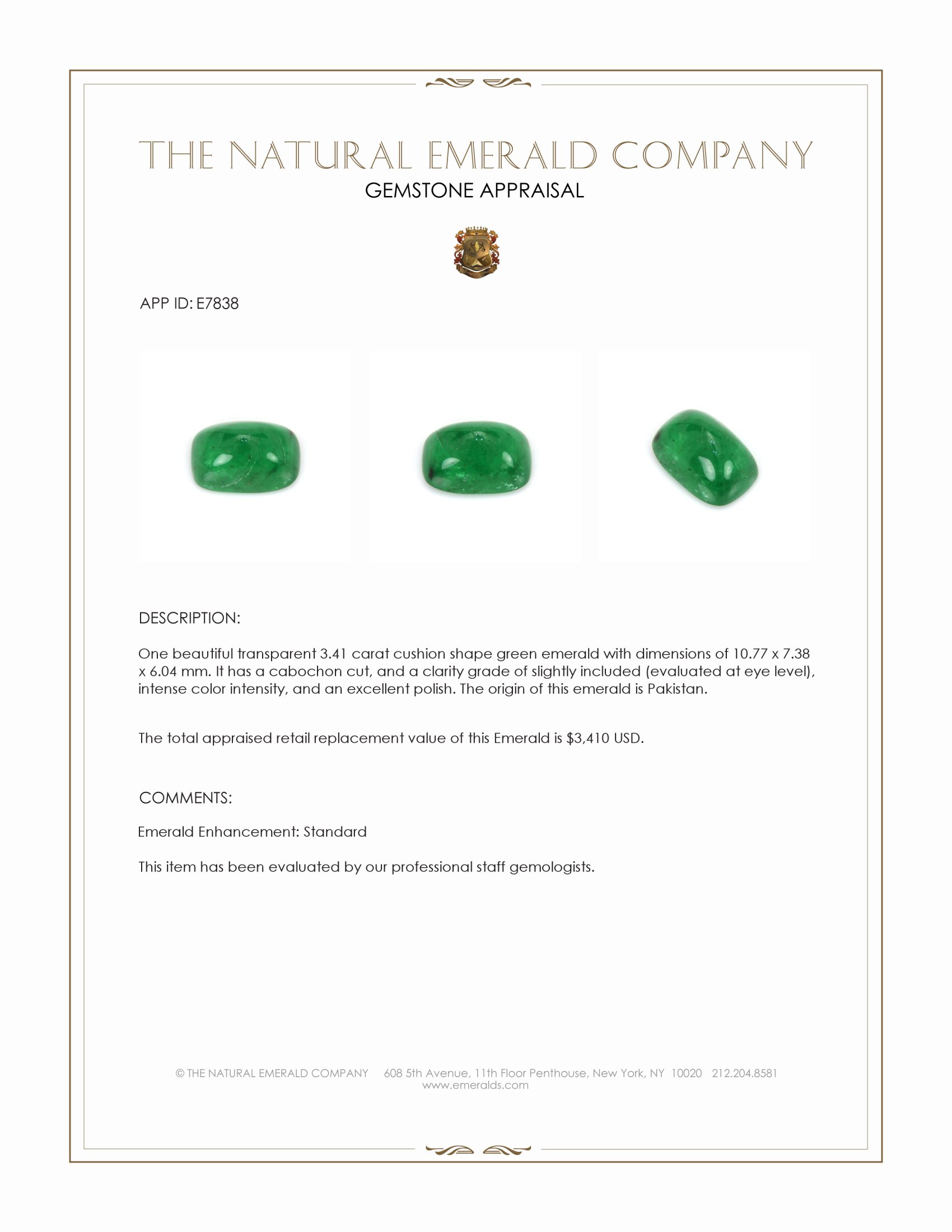 3.41 Ct. Cabochon Emerald from Pakistan