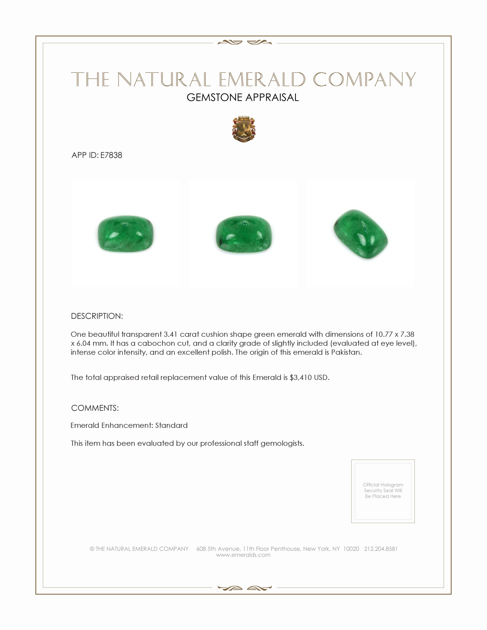 3.41 Ct. Cabochon Emerald from Pakistan