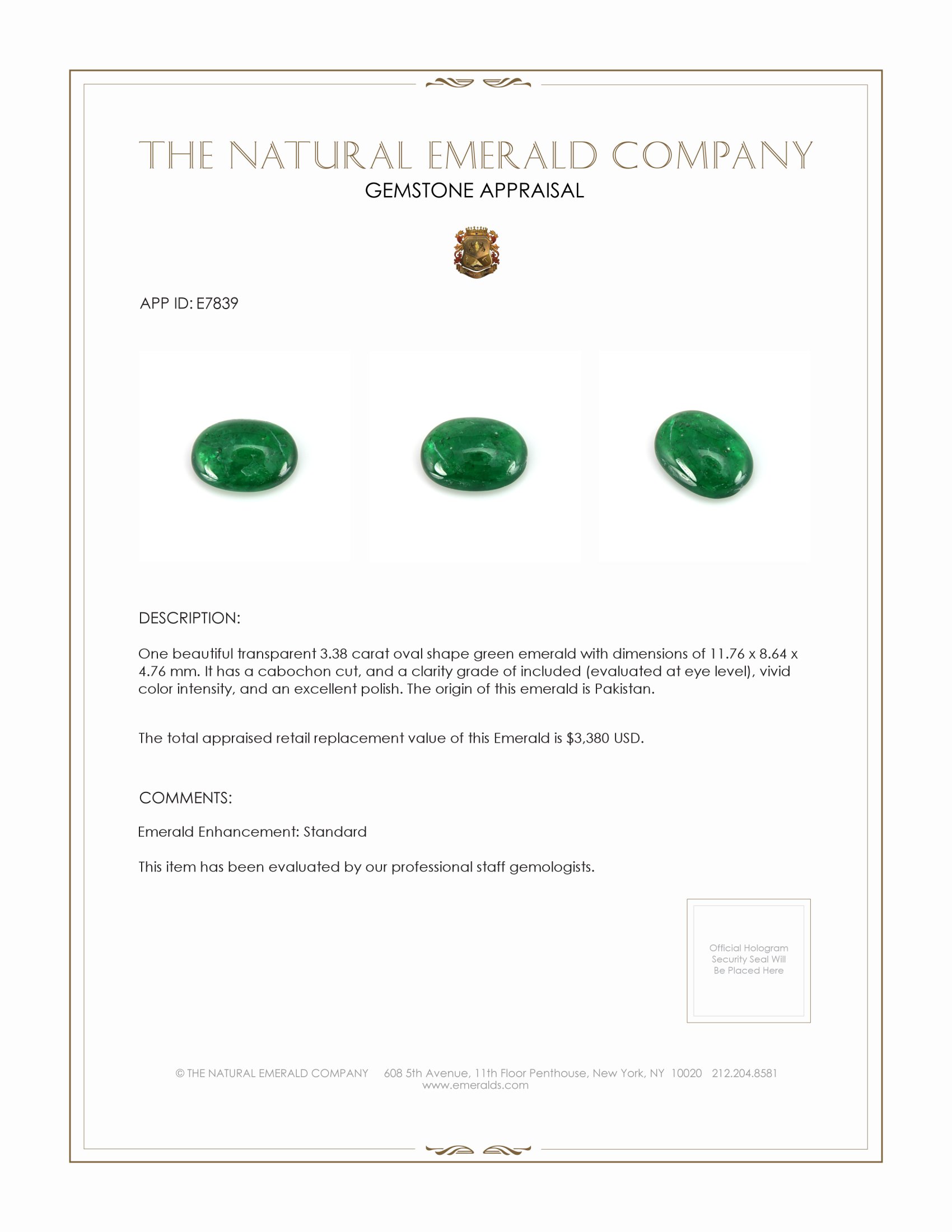 3.38 Ct. Cabochon Emerald from Pakistan