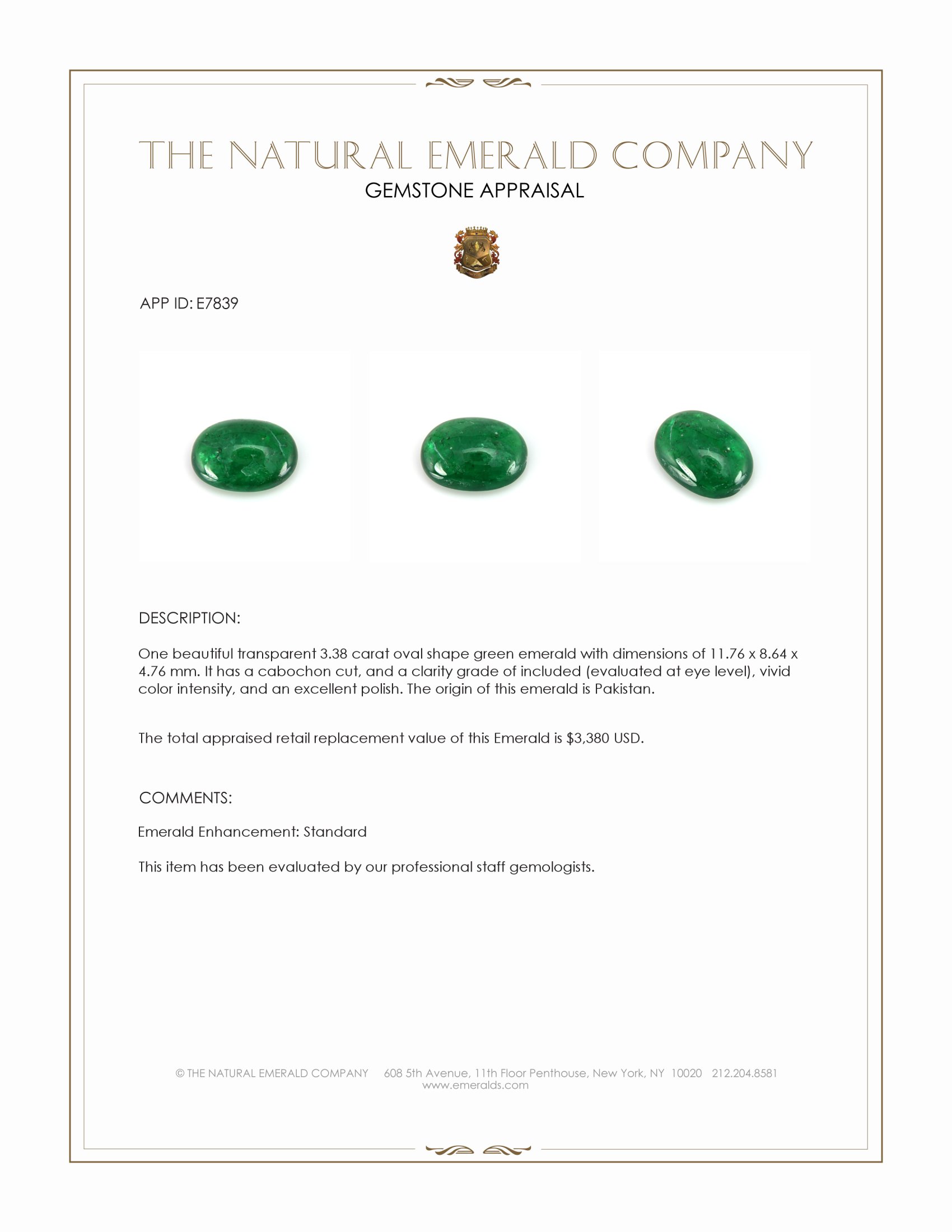 3.38 Ct. Cabochon Emerald from Pakistan