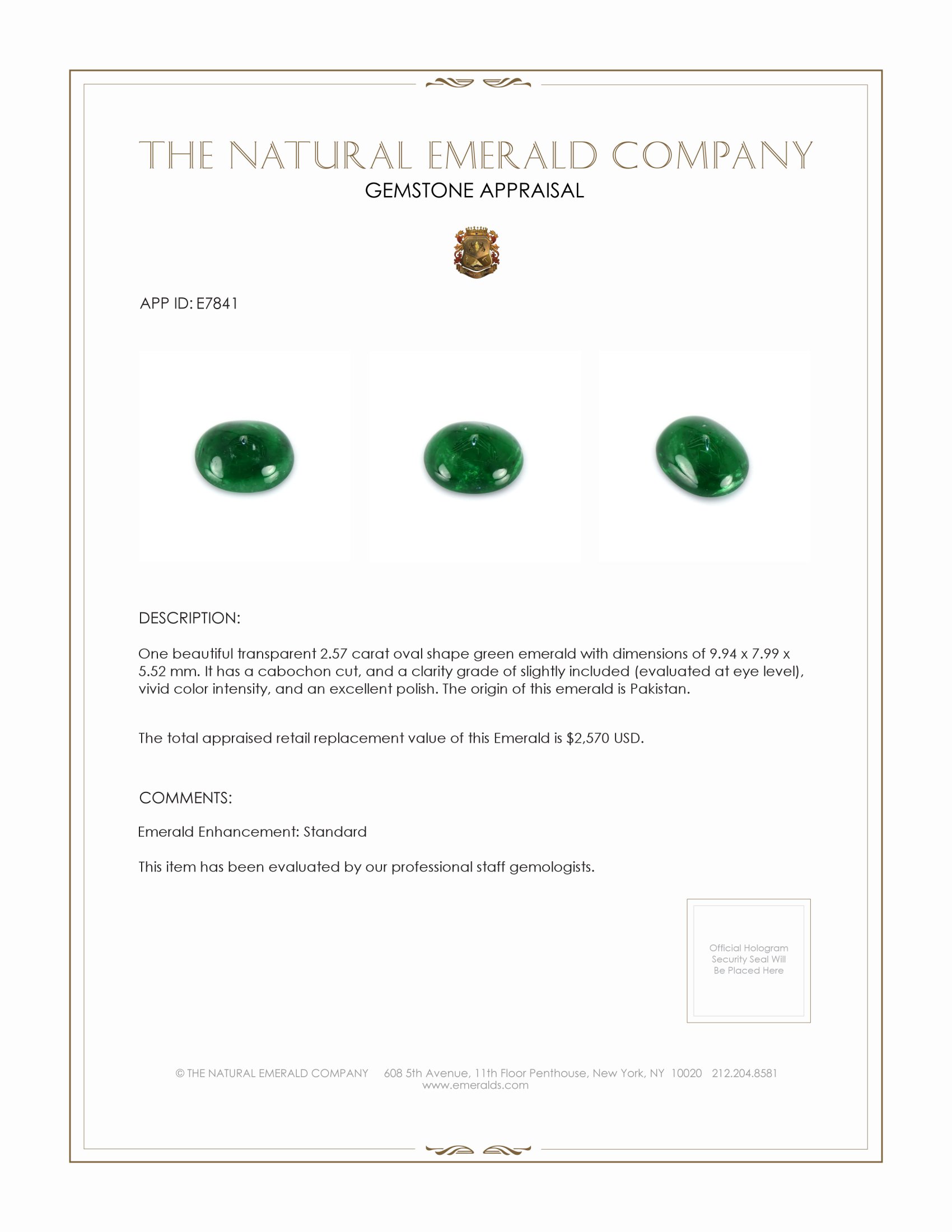 2.57 Ct. Cabochon Emerald from Pakistan