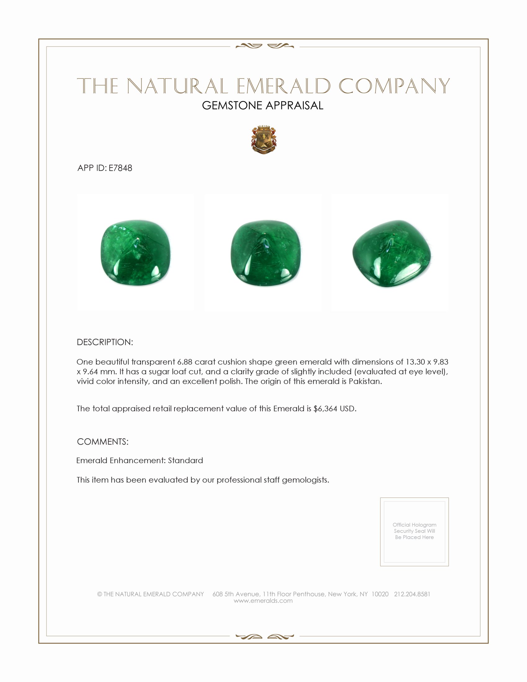 6.88 Ct. Cabochon Emerald from Pakistan