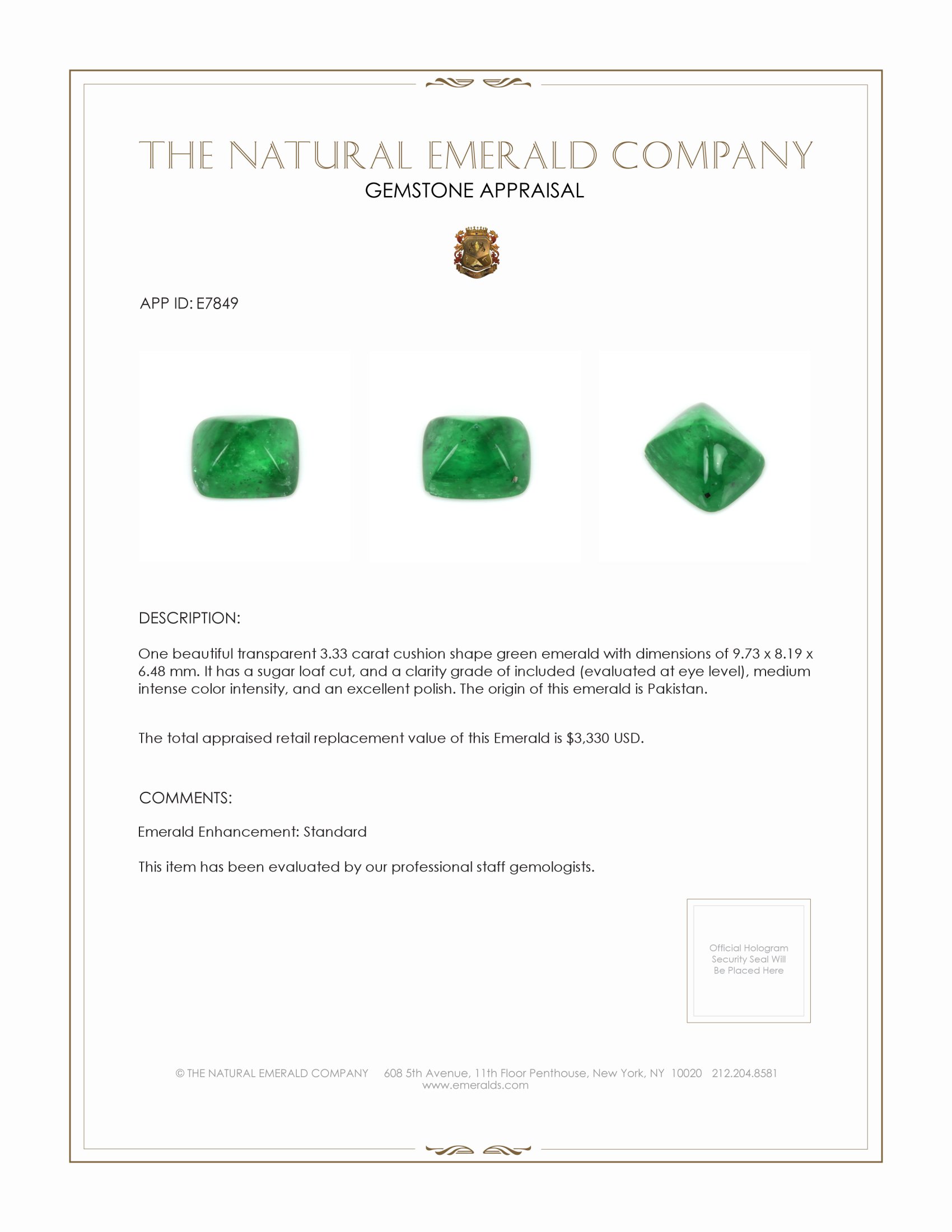 3.33 Ct. Cabochon Emerald from Pakistan