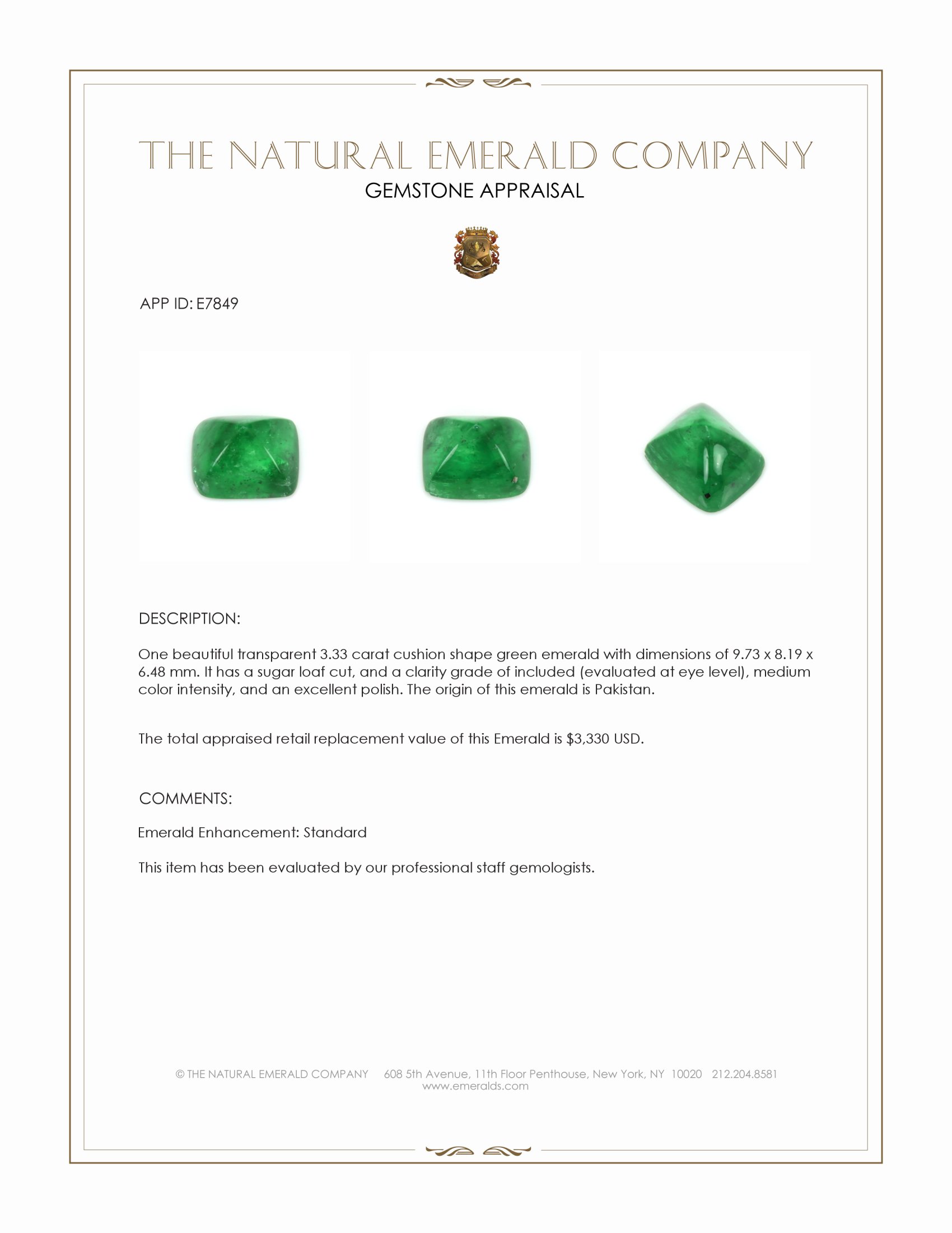 3.33 Ct. Cabochon Emerald from Pakistan