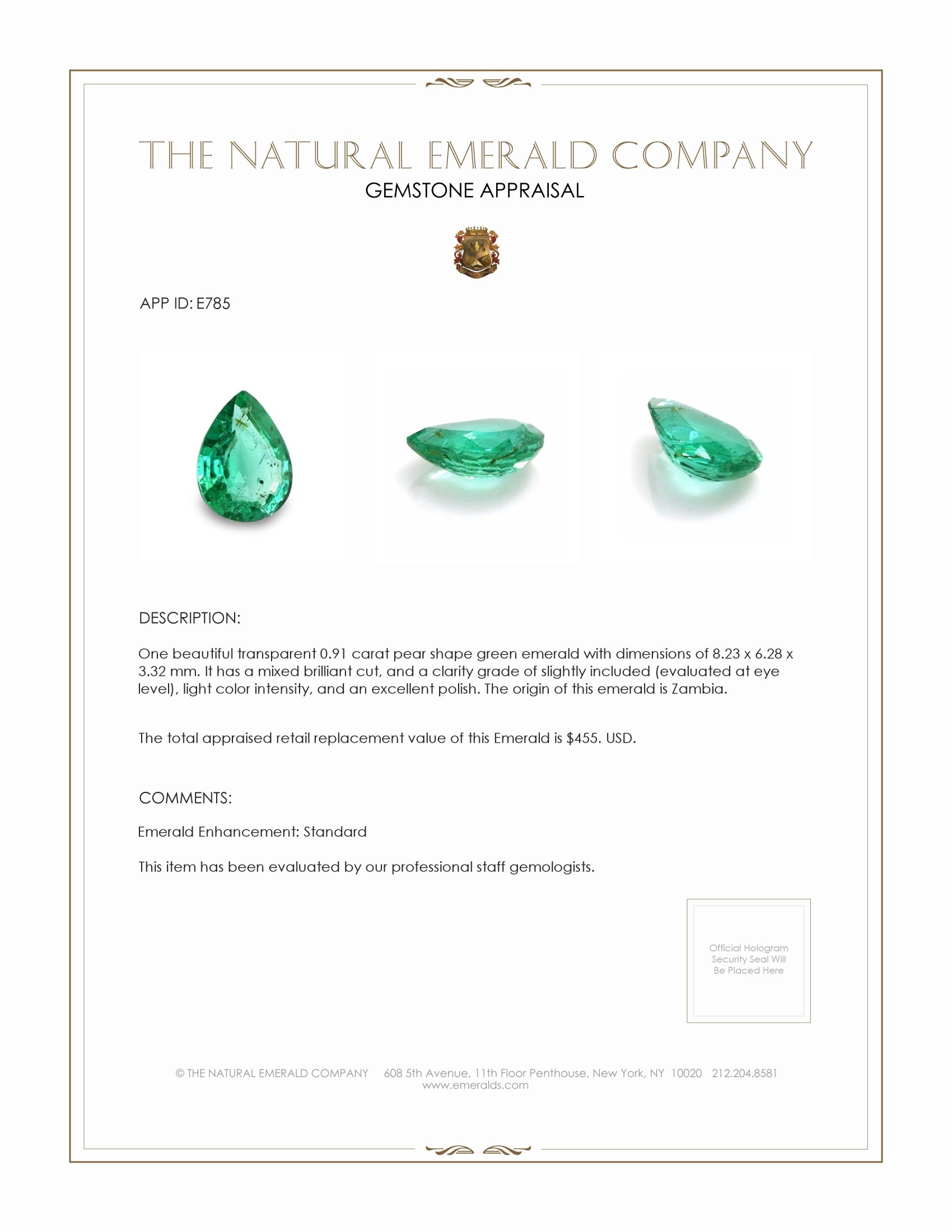 0.91 Ct. Emerald from Zambia