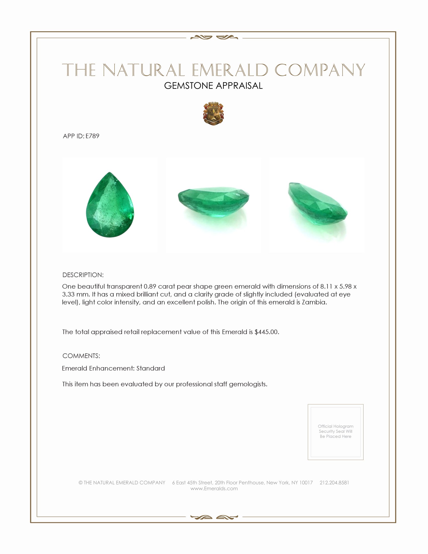 0.89 Ct. Emerald from Zambia