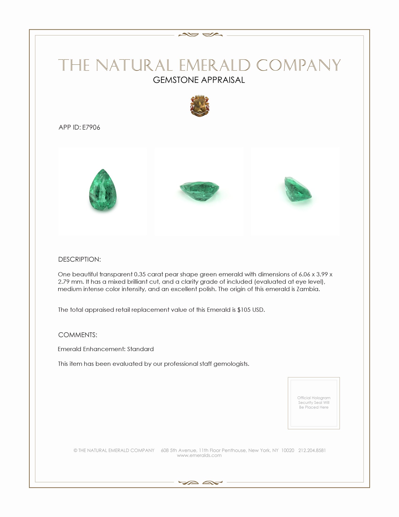 0.35 Ct. Emerald from Zambia