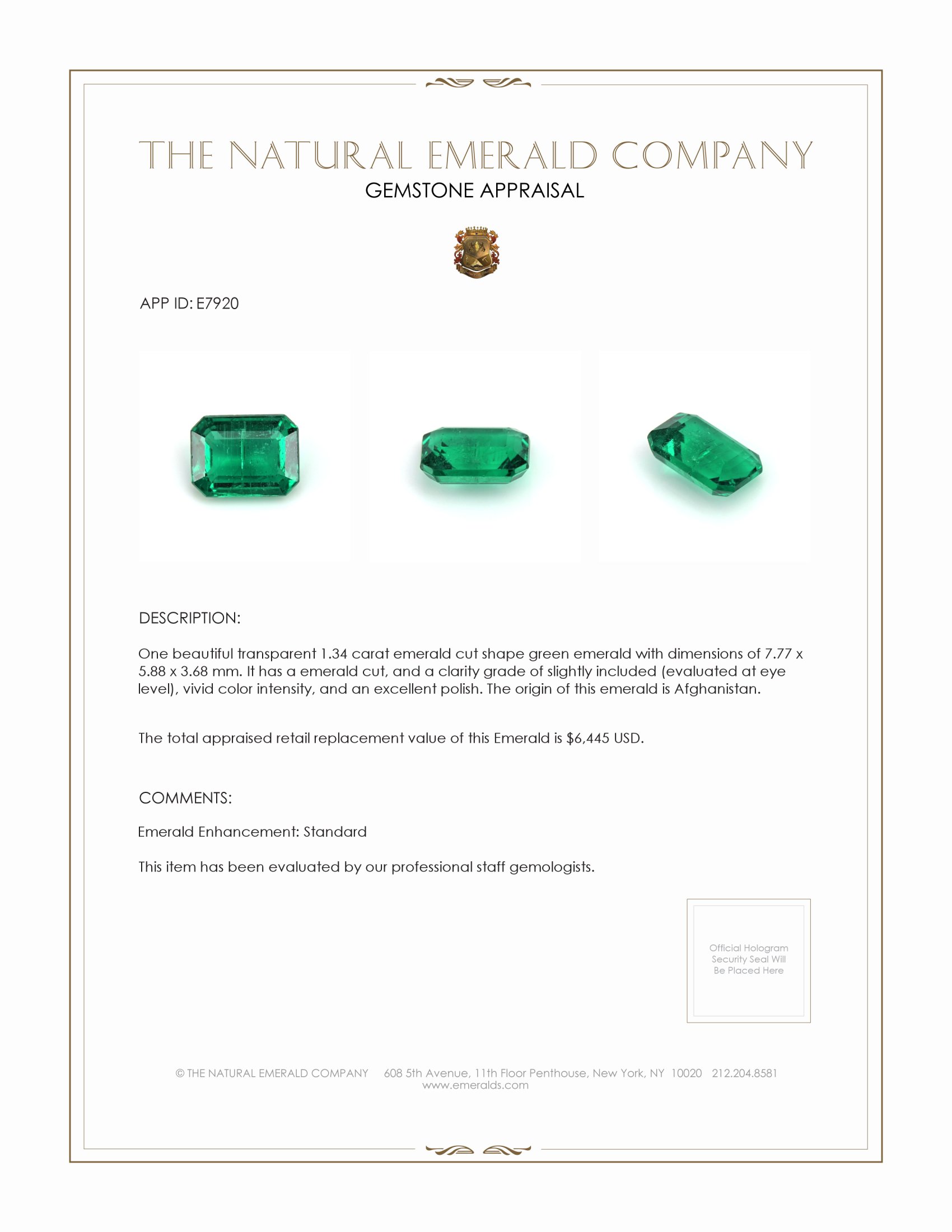 1.34 Ct. Emerald from Afghanistan