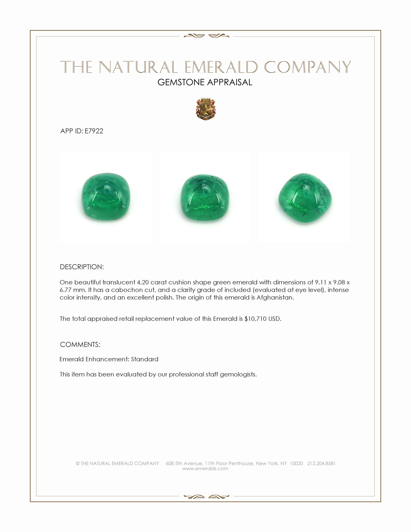 4.20 Ct. Cabochon Emerald from Afghanistan