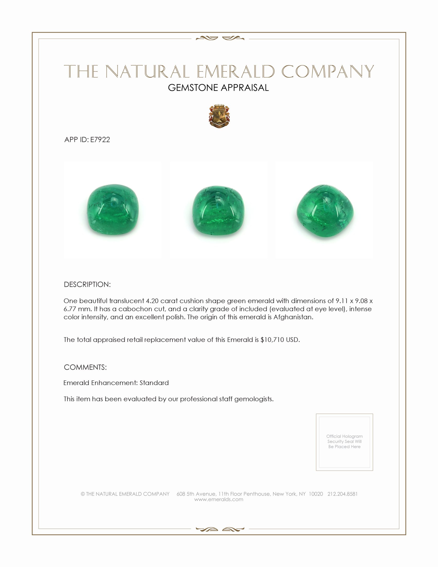 4.20 Ct. Cabochon Emerald from Afghanistan