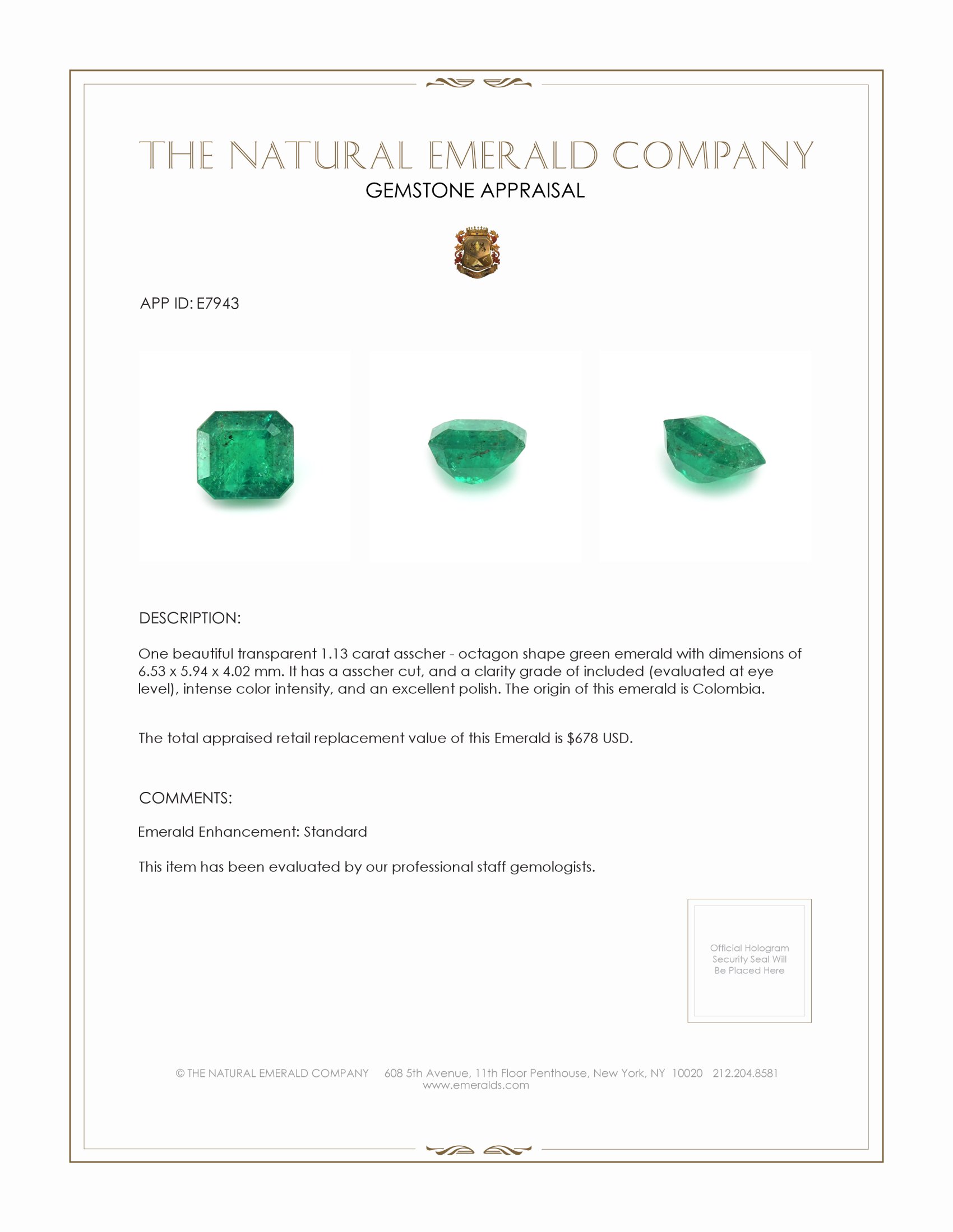 1.13 Ct. Emerald from Colombia