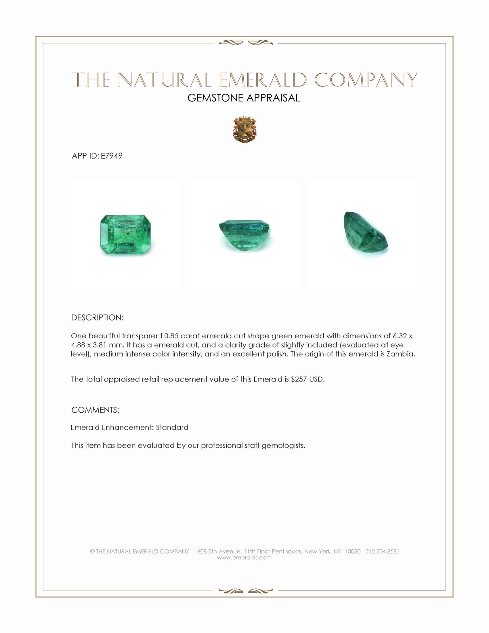 0.85 Ct. Emerald from Zambia