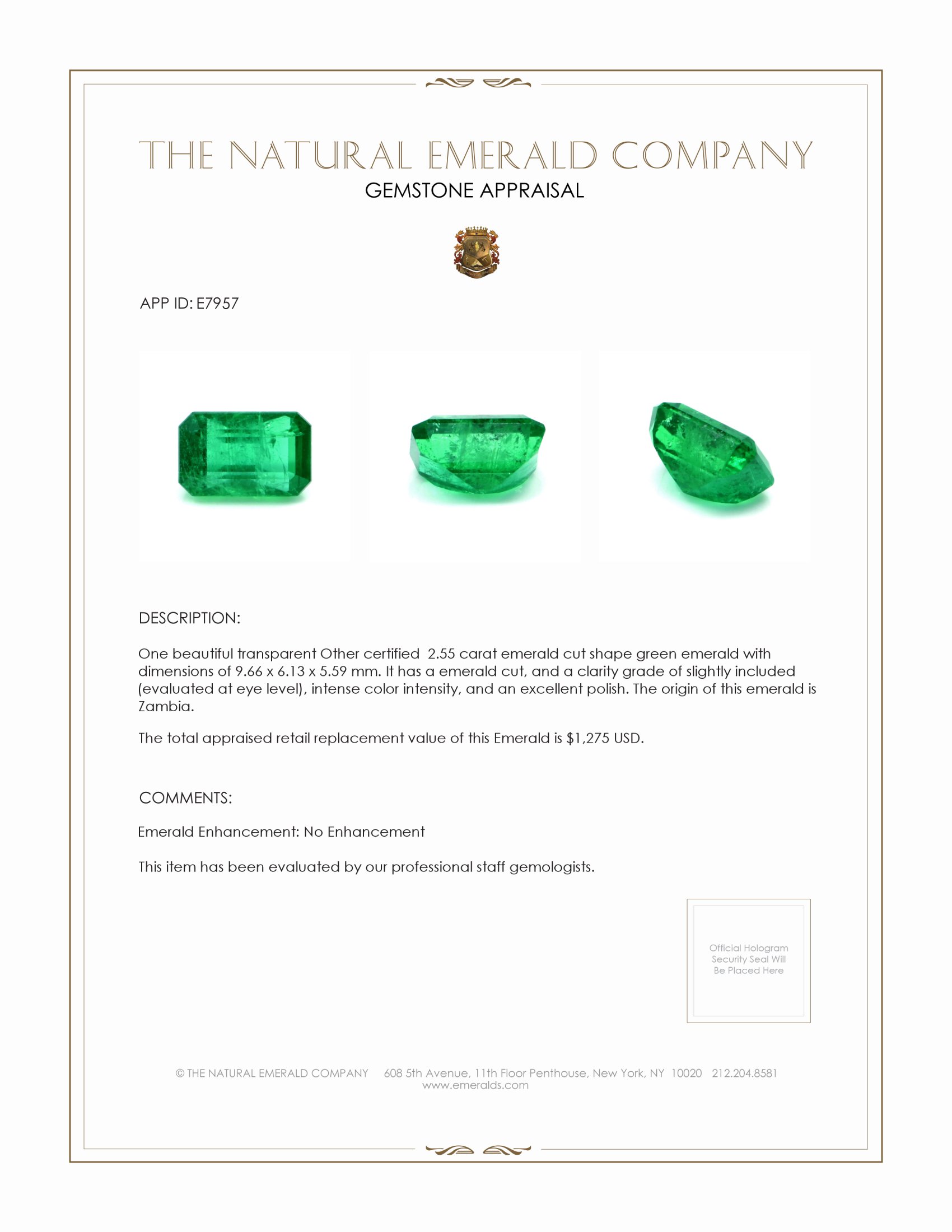 2.55 Ct. Emerald from Zambia