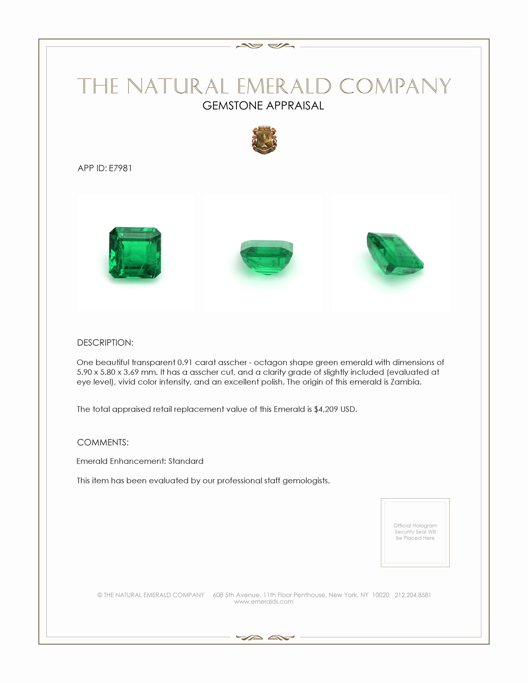 0.91 Ct. Emerald from Zambia
