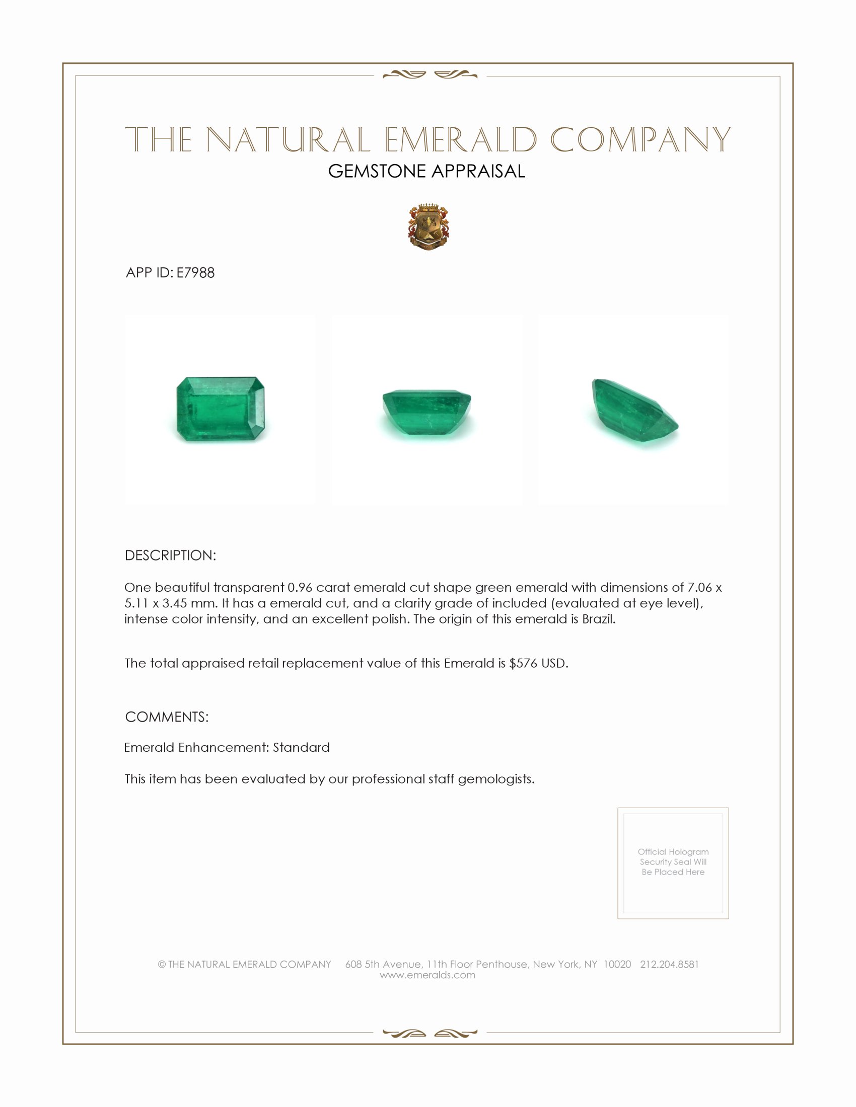 0.96 Ct. Emerald from Brazil