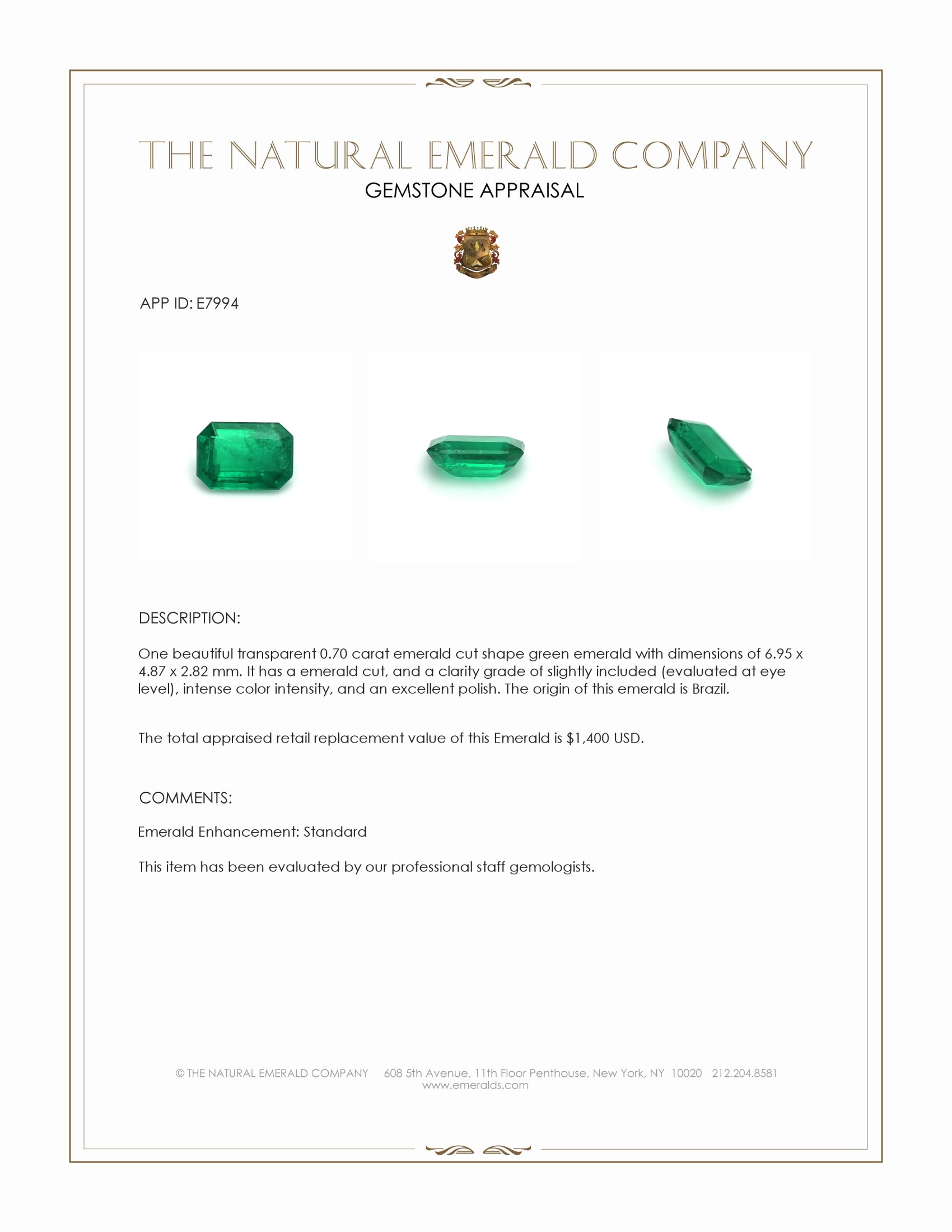 0.70 Ct. Emerald from Brazil