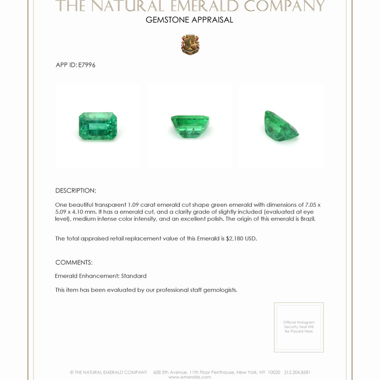 1.09 Ct. Emerald from Brazil