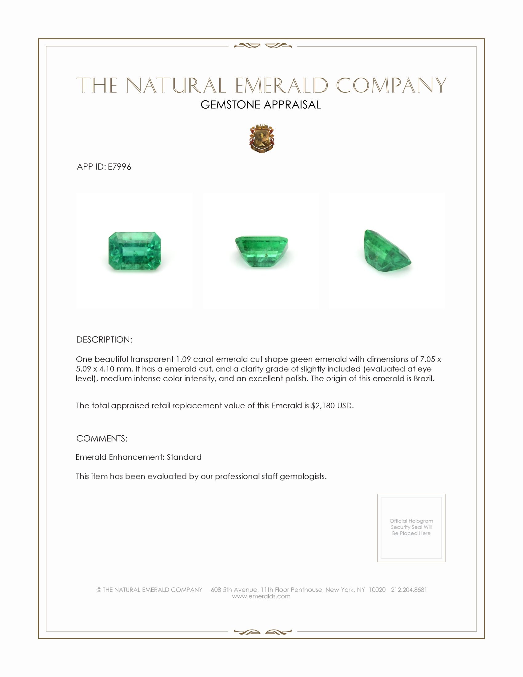 1.09 Ct. Emerald from Brazil