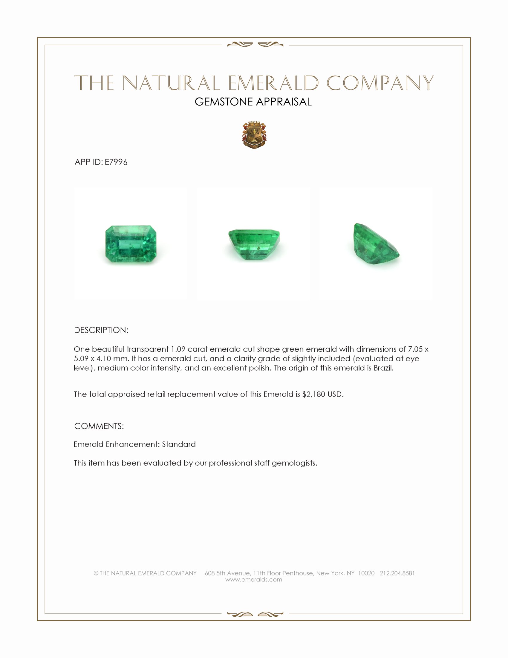 1.09 Ct. Emerald from Brazil