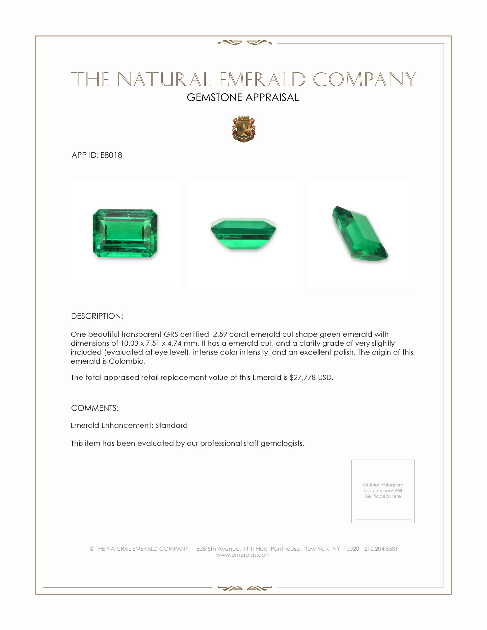 2.59 Ct. Emerald from Colombia