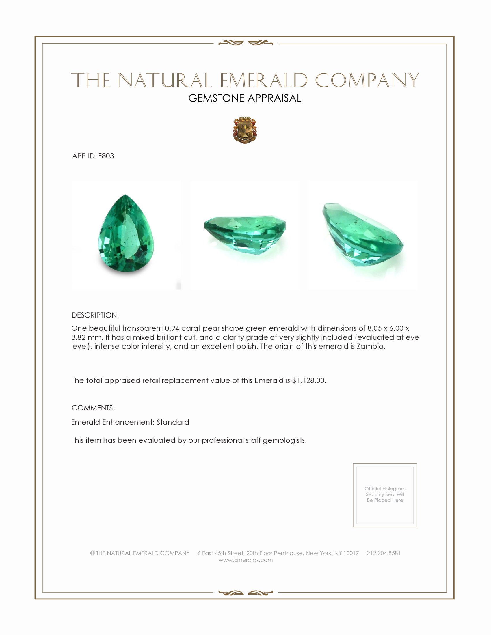 0.94 Ct. Emerald from Zambia
