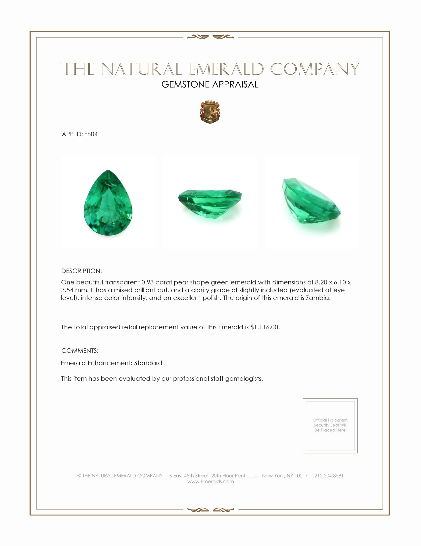 0.93 Ct. Emerald from Zambia