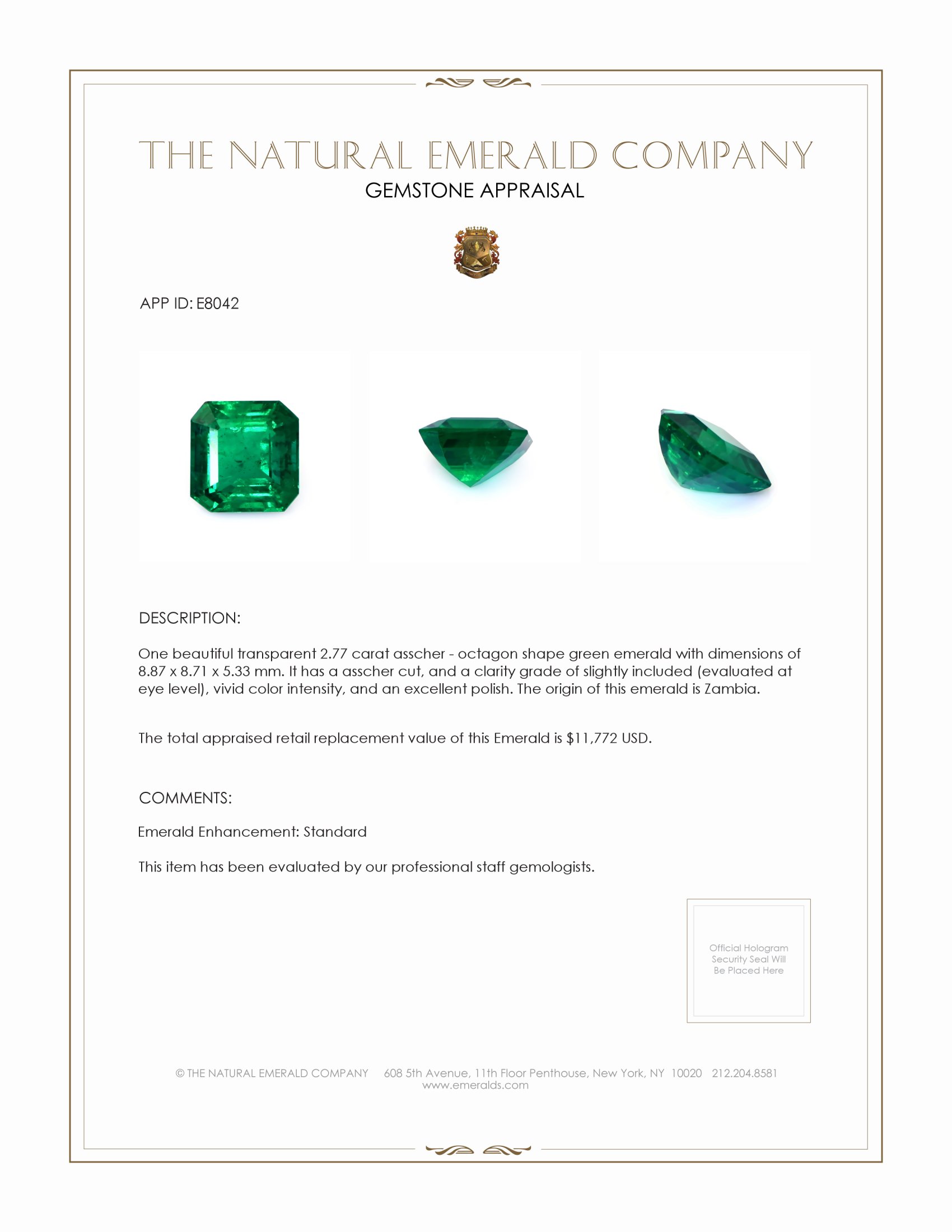 2.77 Ct. Emerald from Zambia