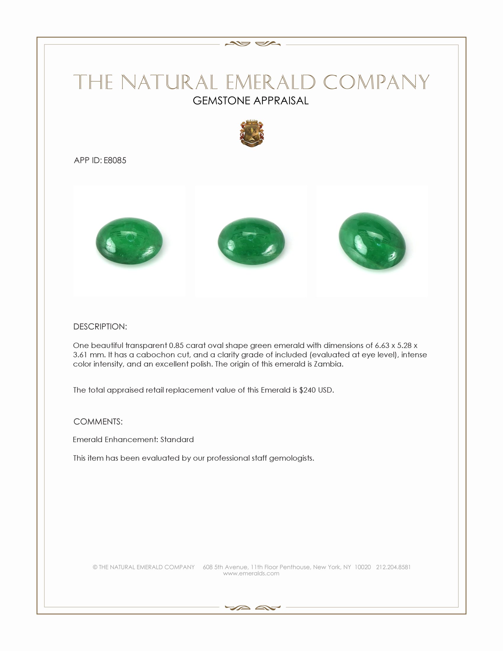 0.85 Ct. Cabochon Emerald from Zambia