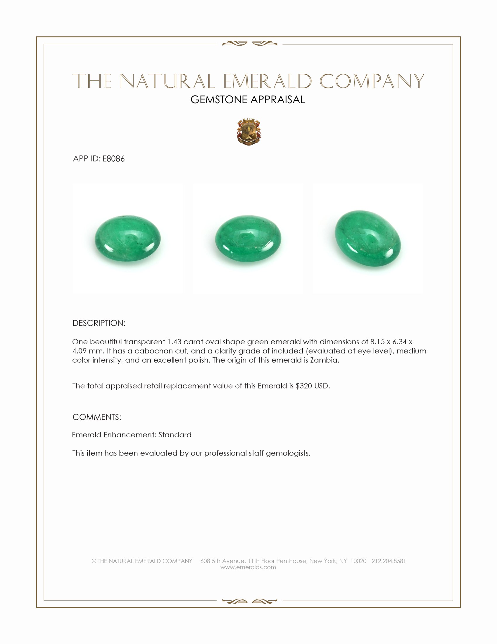 1.43 Ct. Cabochon Emerald from Zambia