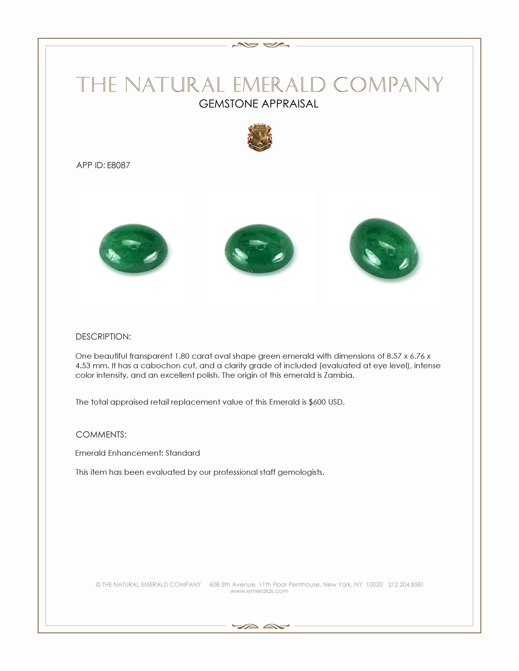 1.80 Ct. Cabochon Emerald from Zambia