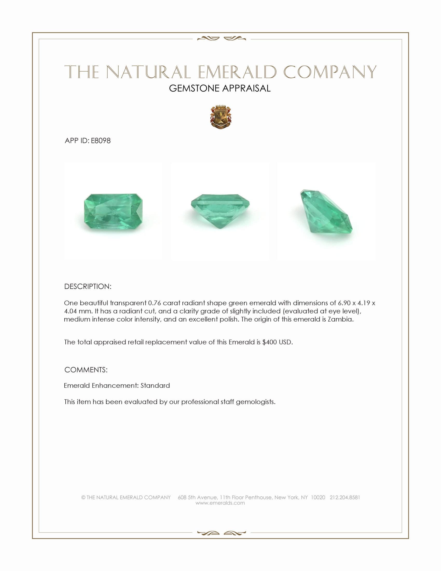 0.76 Ct. Emerald from Zambia