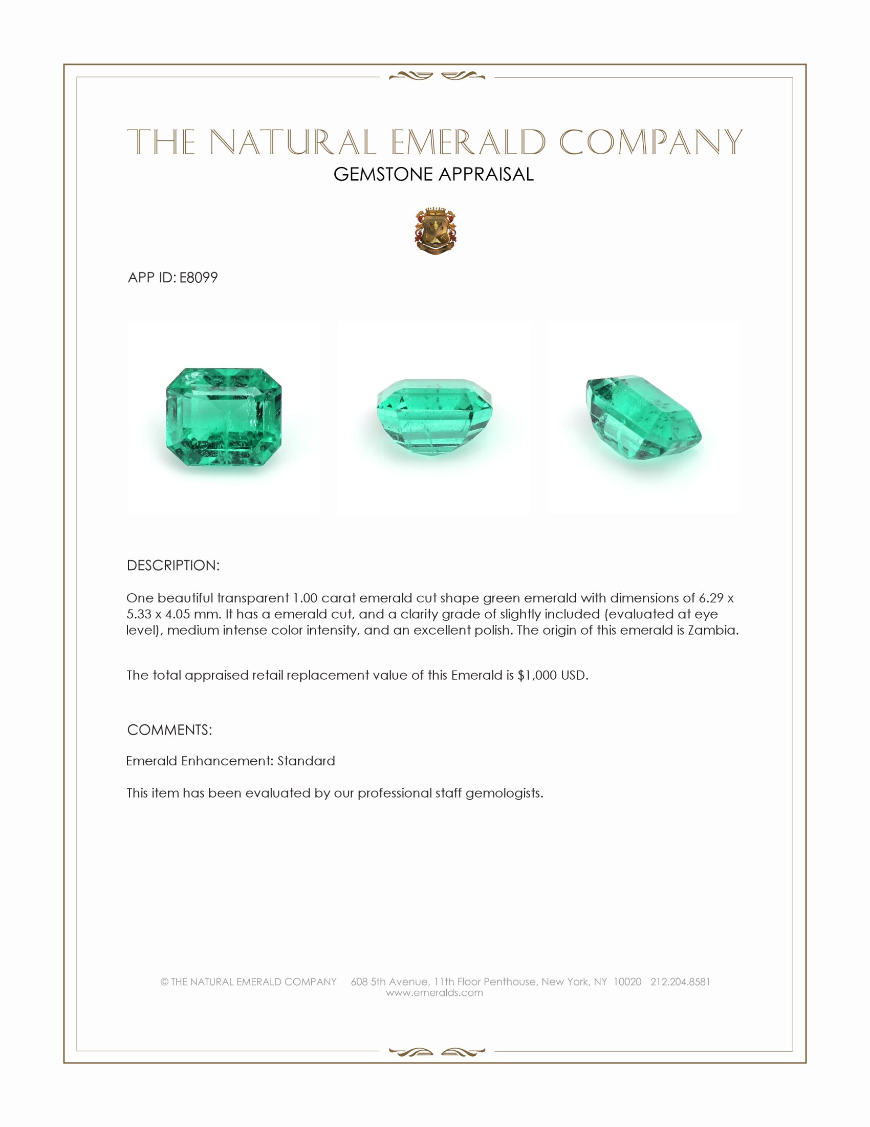 1.00 Ct. Emerald from Zambia