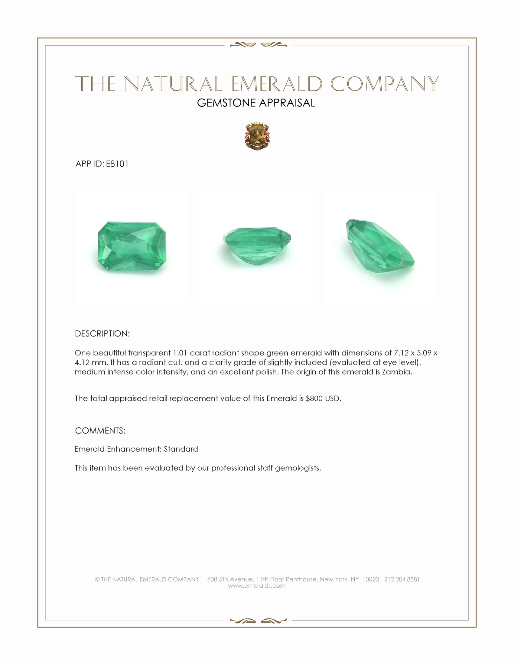 1.01 Ct. Emerald from Zambia