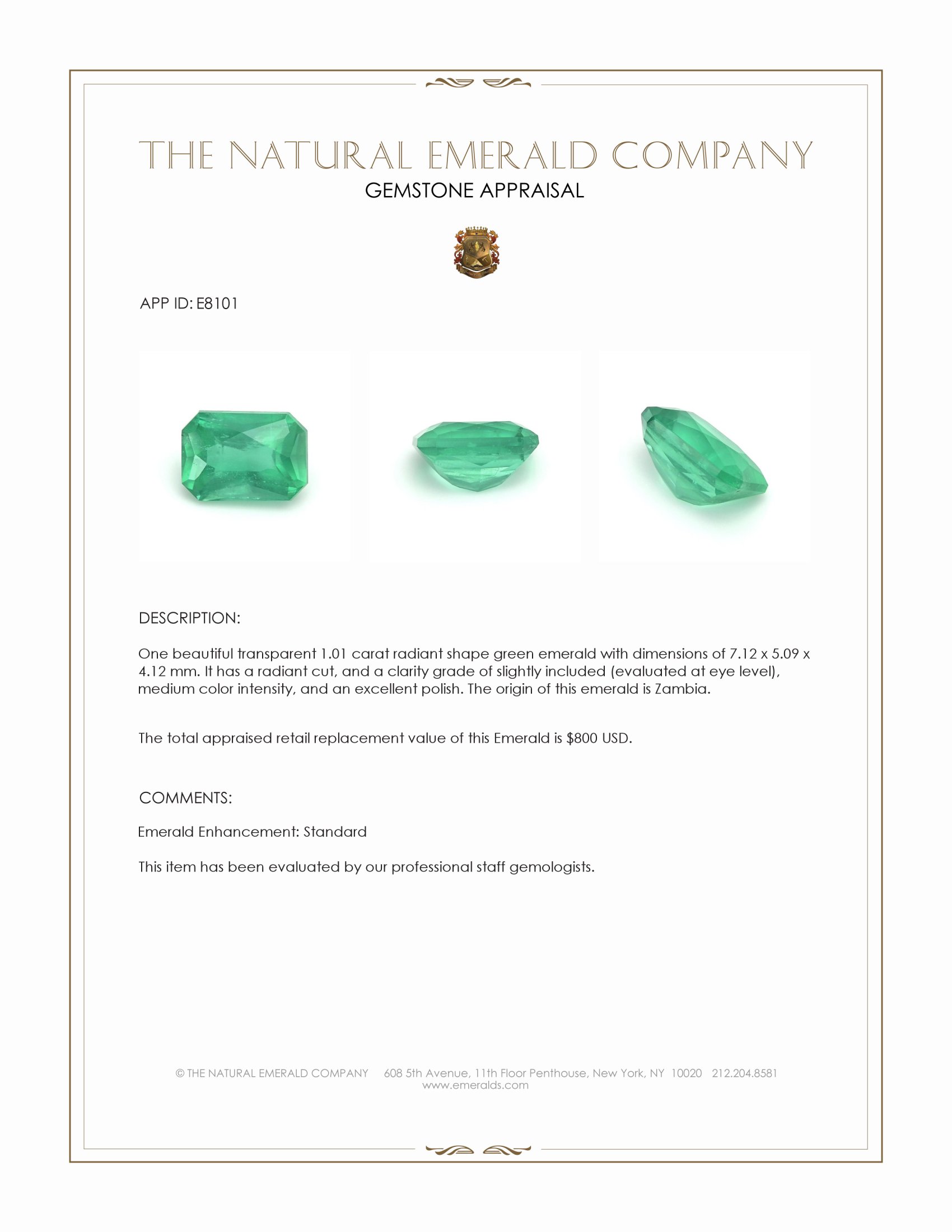 1.01 Ct. Emerald from Zambia