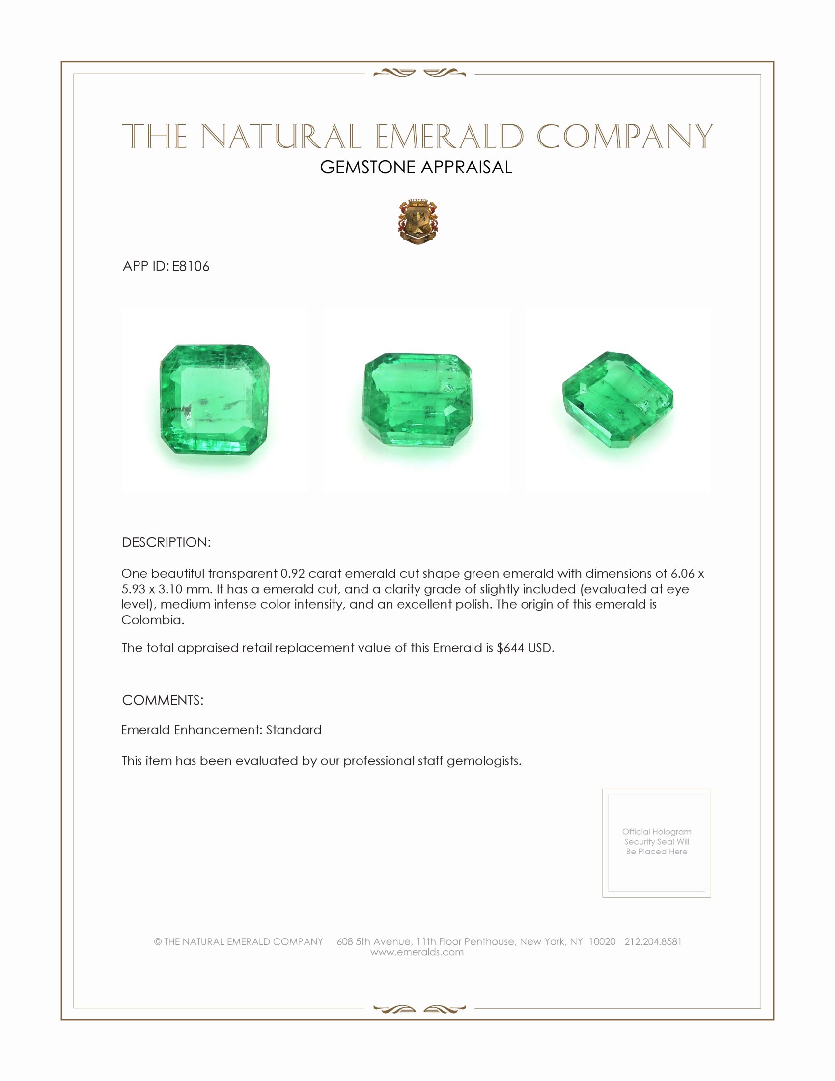 0.92 Ct. Emerald from Colombia