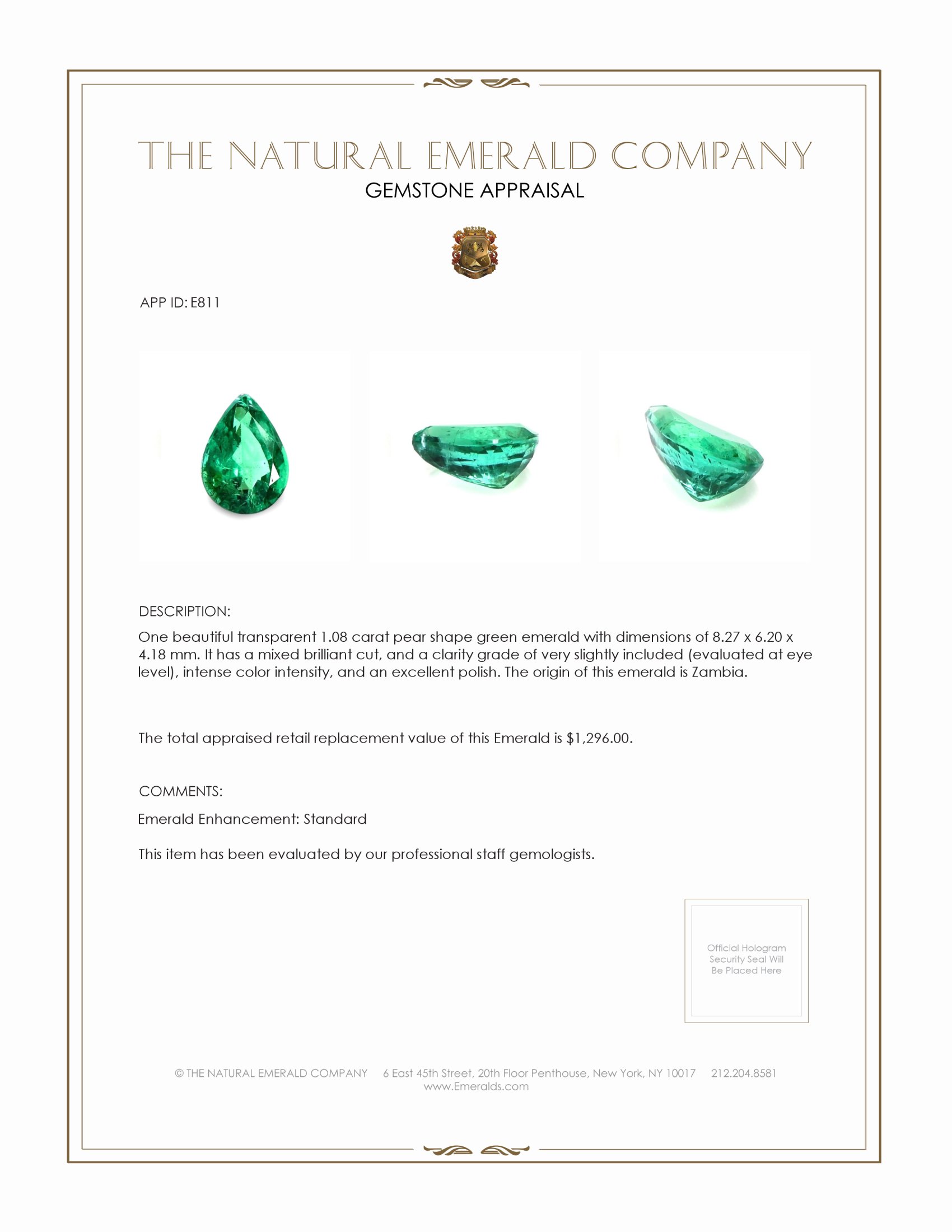 1.08 Ct. Emerald from Zambia