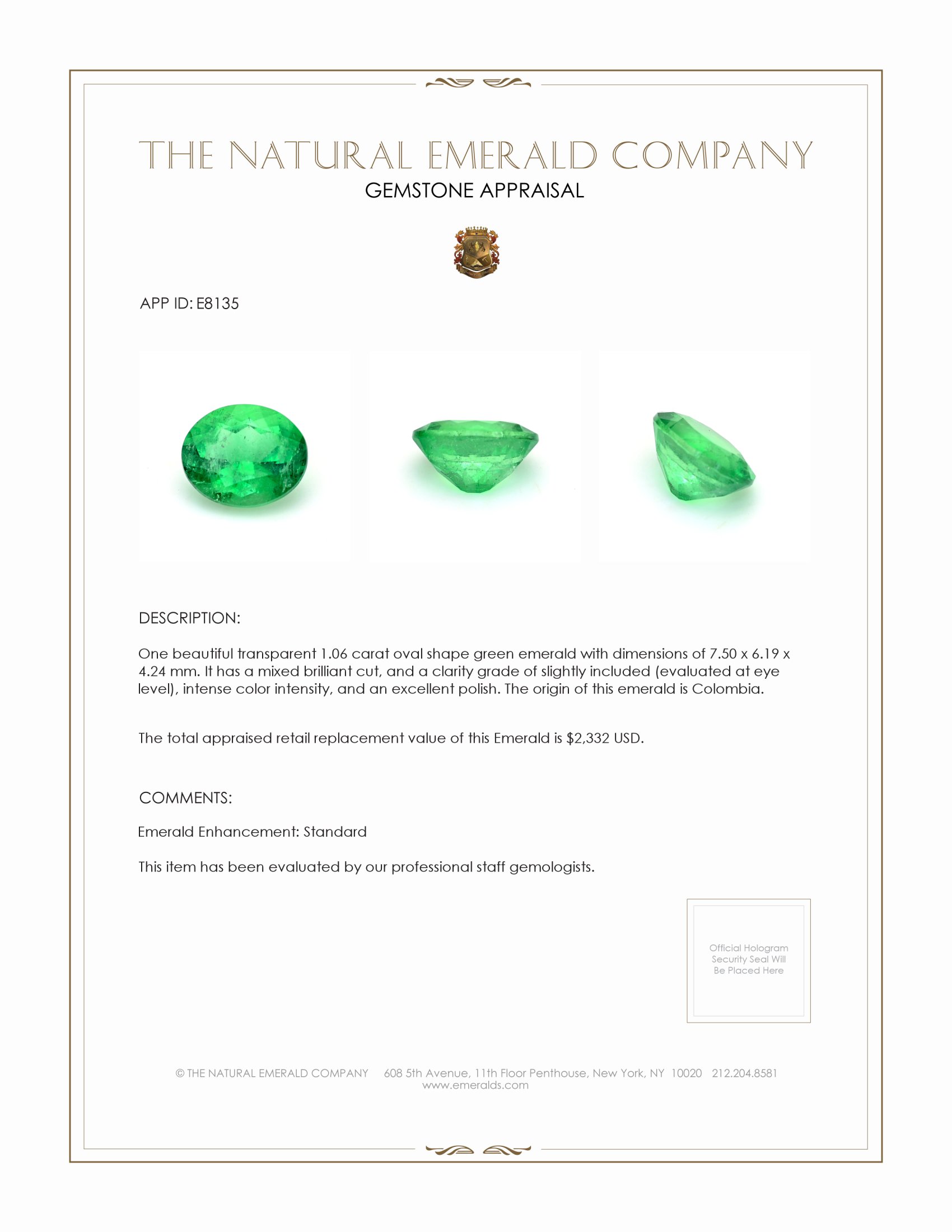 1.06 Ct. Emerald from Colombia