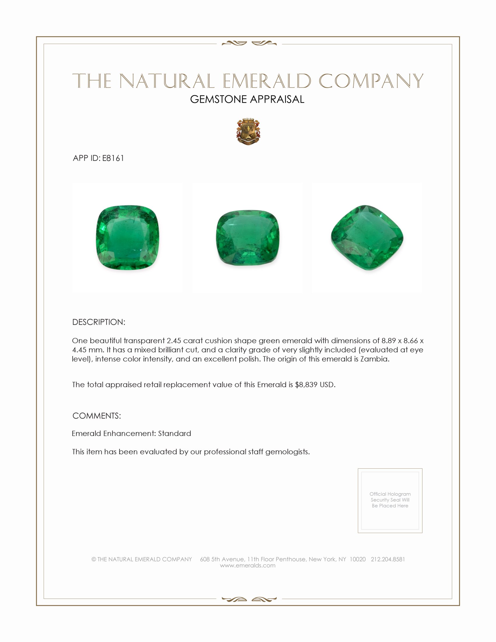 2.45 Ct. Emerald from Zambia