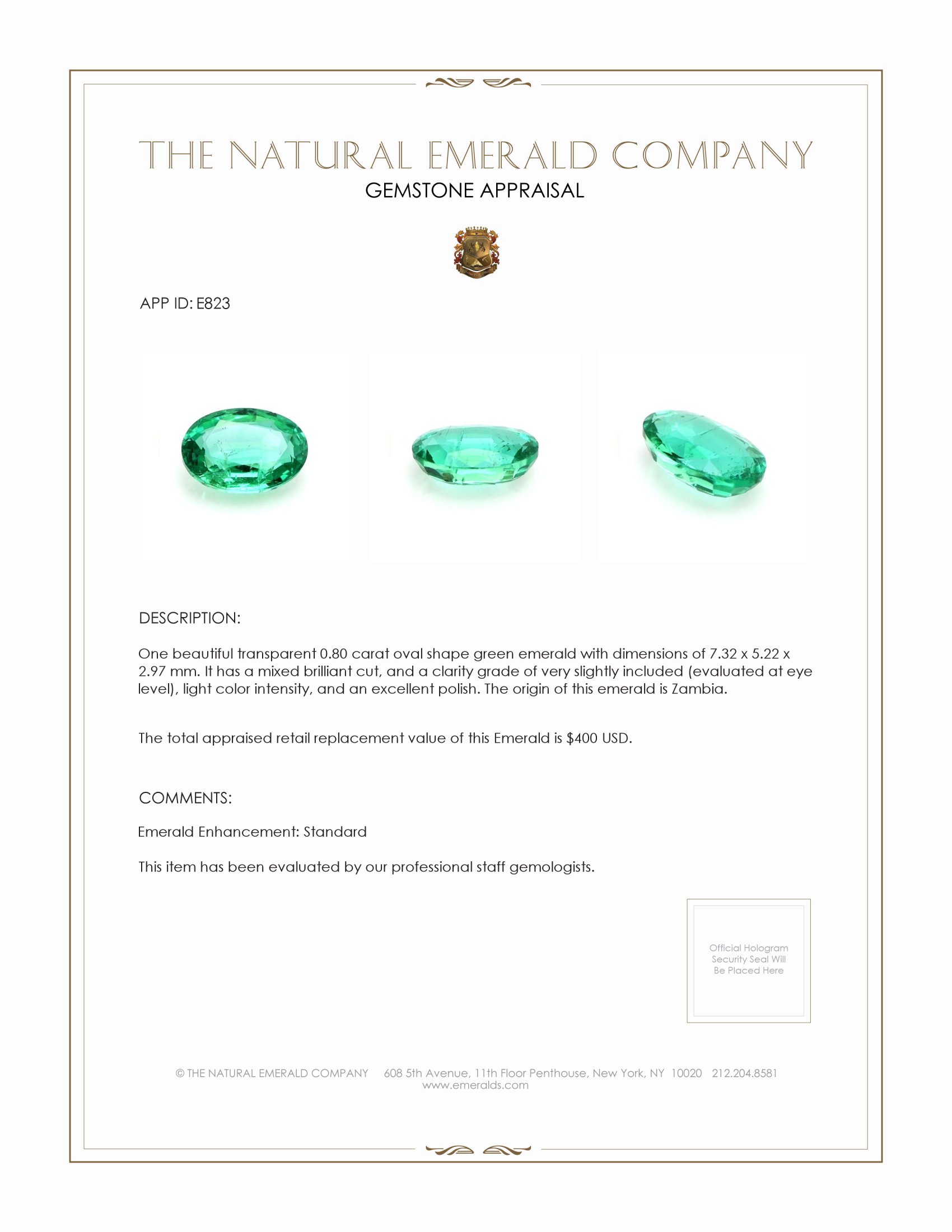 0.80 Ct. Emerald from Zambia