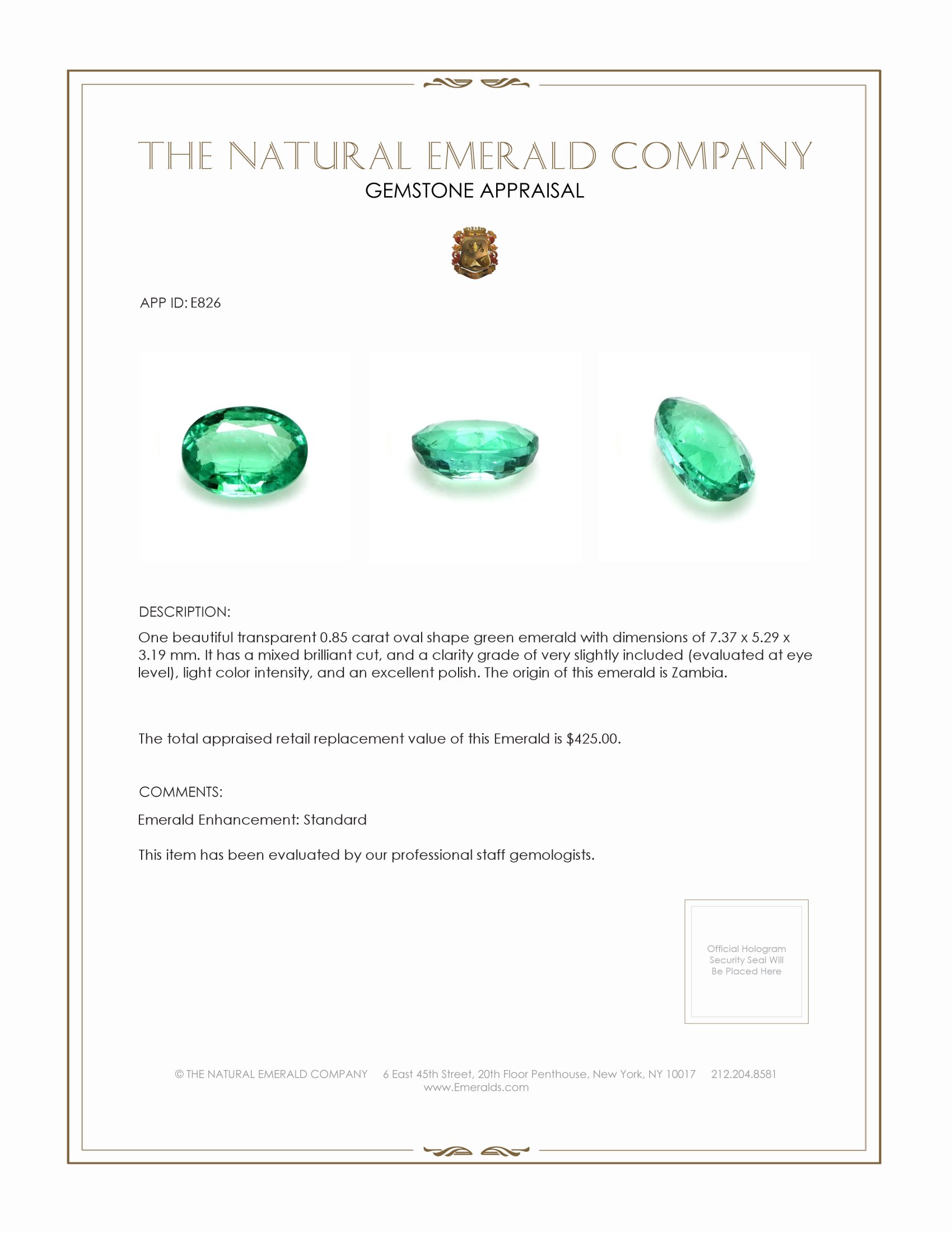 0.85 Ct. Emerald from Zambia